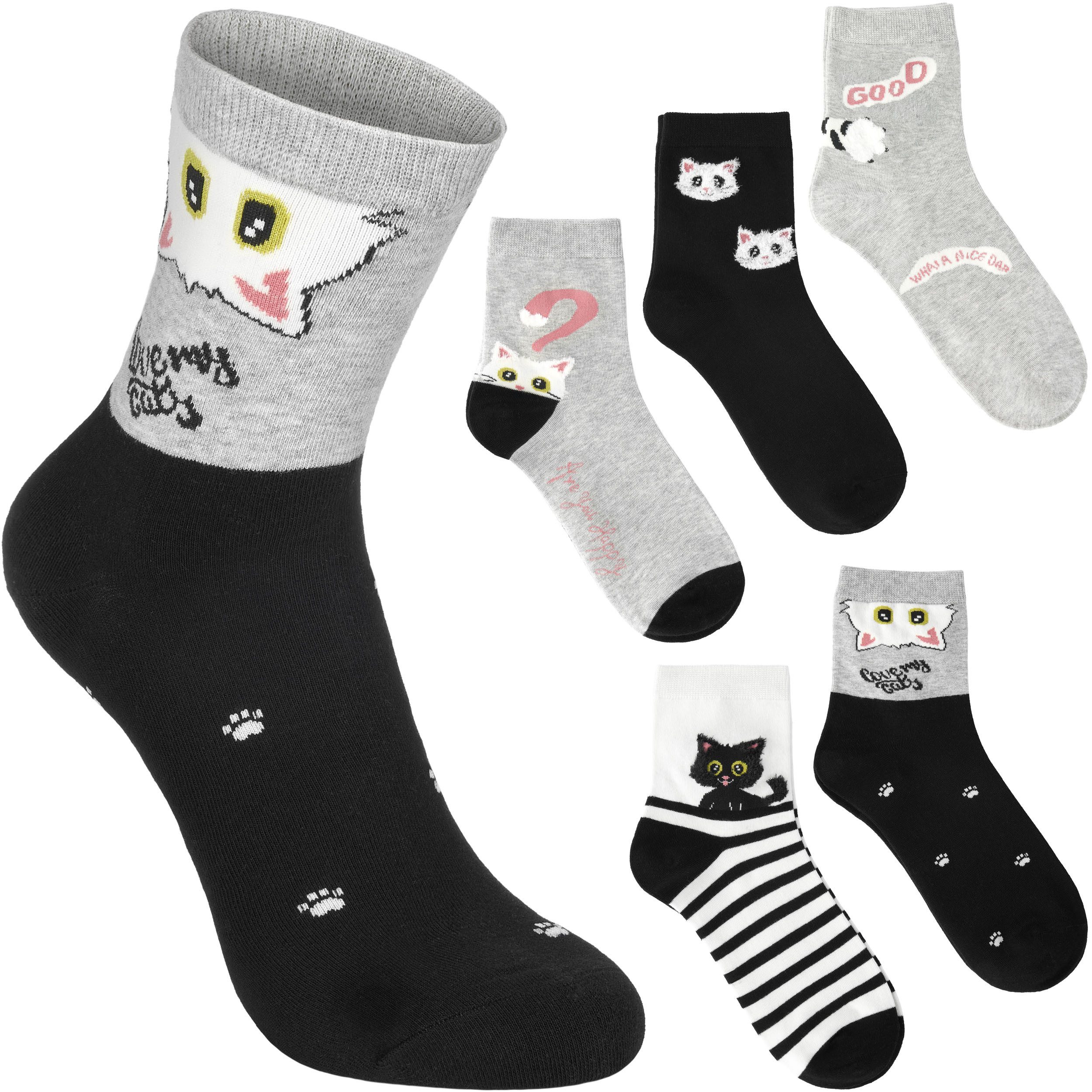 BRUBAKER Socken Lustige Damen Katzensocken - Love My Cats (Rosa, Schwarz, Grau und Weiß, 5-Paar, Feel Good Damensocken mit Katzenmotiven) Katzen Socken Set für Frauen
