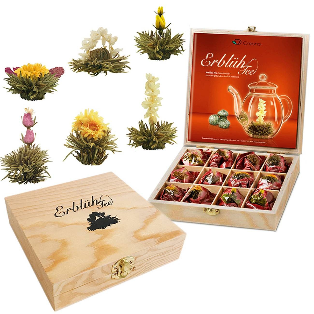Creano Tee Geschenkset Teekiste aus Holz, 12 Erblühtee in 6 Sorten Weißtee, 1 x 12 St.