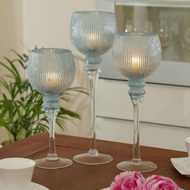 MARELIDA Kerzenhalter Kelch Glas Windlicht Teelichthalter 3 Höhen glitzernd blau 3er Set (3 St)