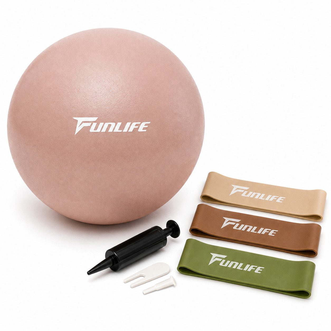 FunLife Pilatesball CORE 25 – einzeln oder mit 3 Widerstandsbändern (Pilatesball-Set, Verschlussstopfen, Pilatesball Ø 25 cm, Handpumpe), Griffige Oberfläche, Luftdruck individuell anpassbar