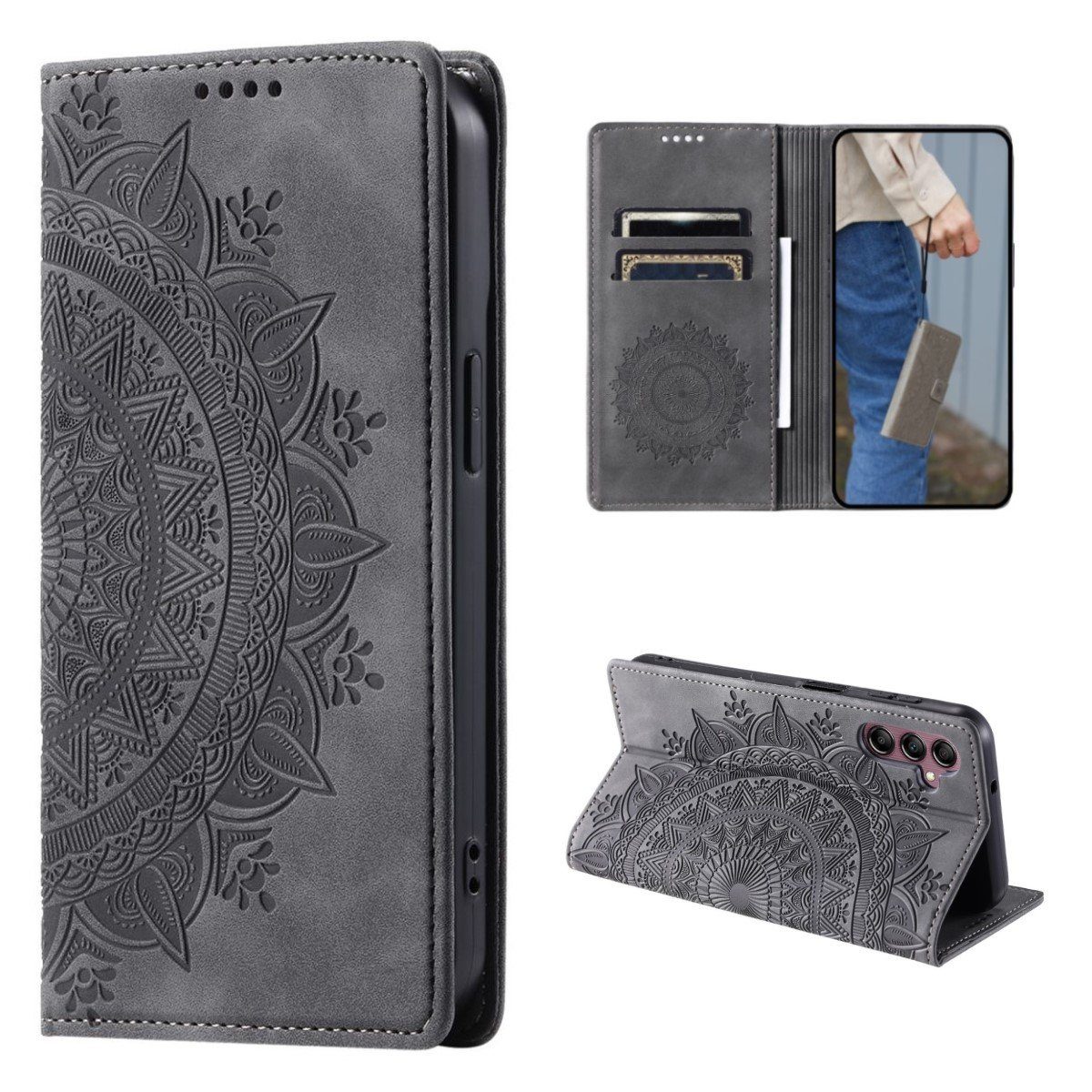CoverKingz Handyhülle Hülle für Samsung Galaxy S24 Handyhülle Flip Case Cover Tasche Etui 15,7 cm (6,2 Zoll), Klapphülle Schutzhülle mit Kartenfach Schutztasche Motiv Mandala