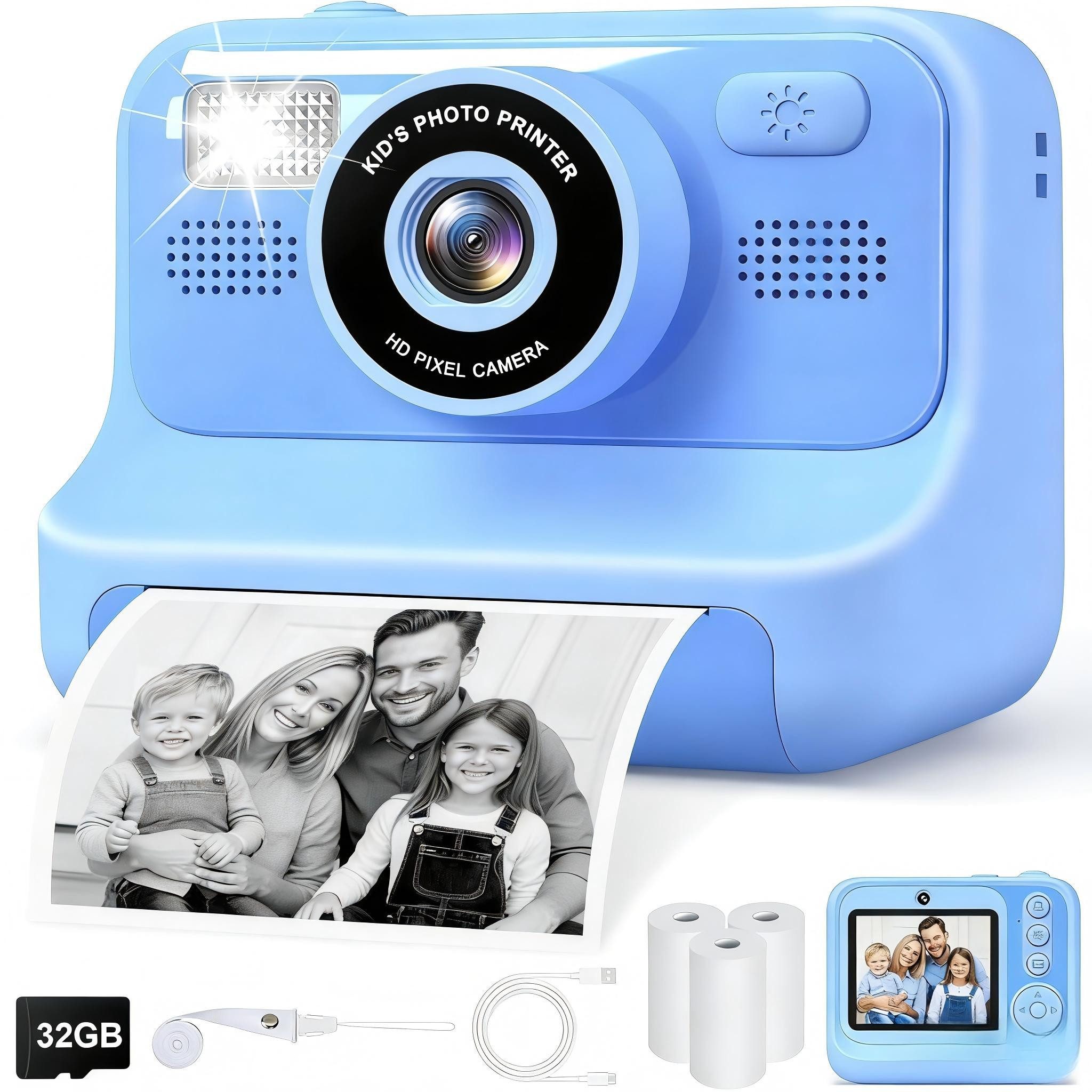 Ophy Blaue Kinder-Sofortbildkamera – 2,4-Zoll Selfie-Kamera Sofortbildkamera (inkl. 32GB Karte, 3 Rollen Fotopapier, 1080p Video, Geschenk für Mädchen & Jungen)