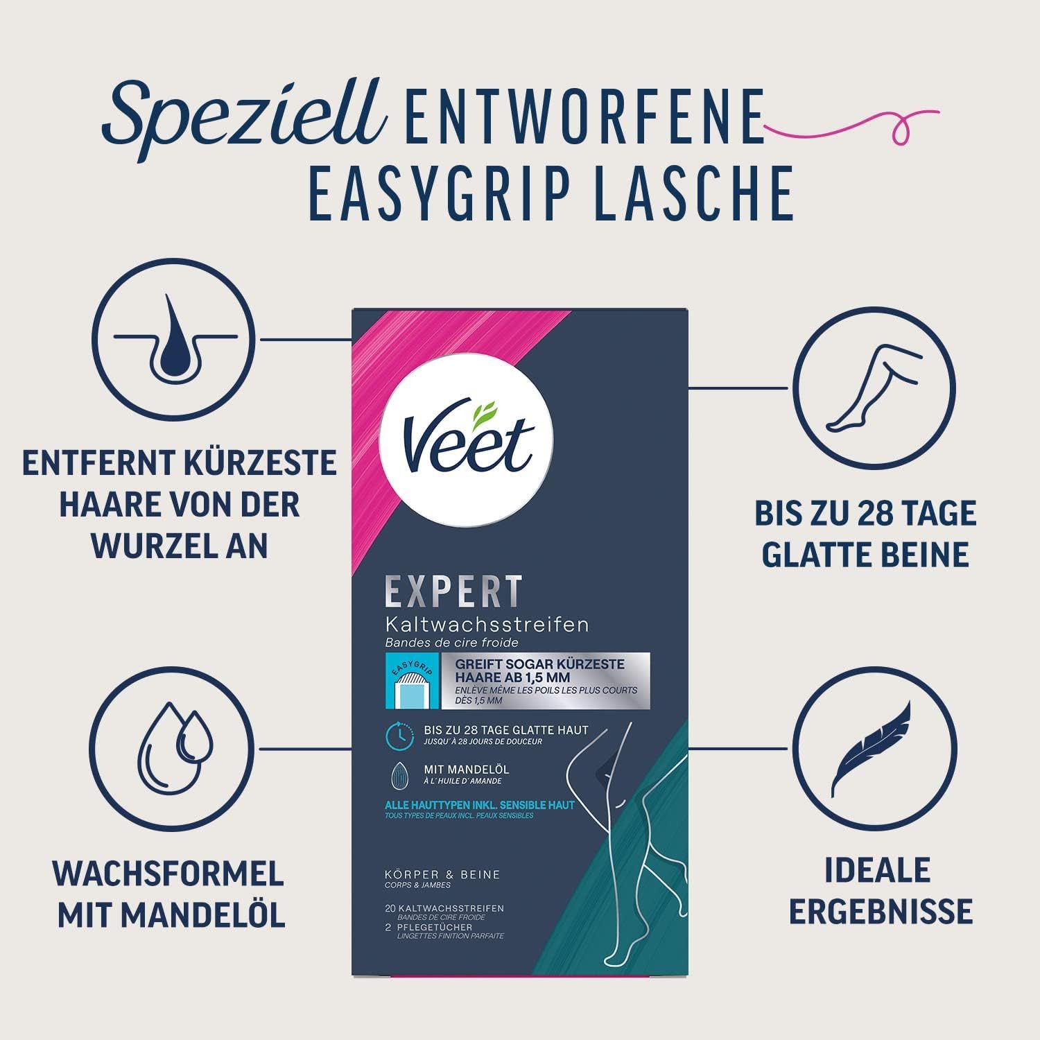 Veet Kaltwachsstreifen EXPERT, 20 St., für Körper & Beine, - zur Haarentfernung für alle Hauttypen inkl. sensibler Haut