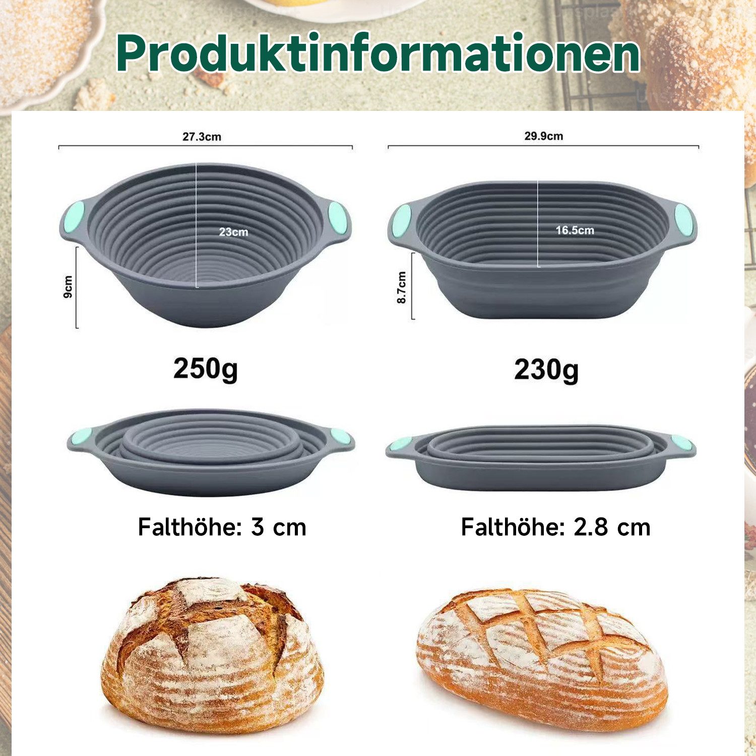 HEYHIPPO Brotbackform 2er Set Silikon Gärkorb – rund & oval, faltbar, hitzebeständig 230°C, (Set), Professionelles Brotbackset – spülmaschinenfest, für Brot & Pizza