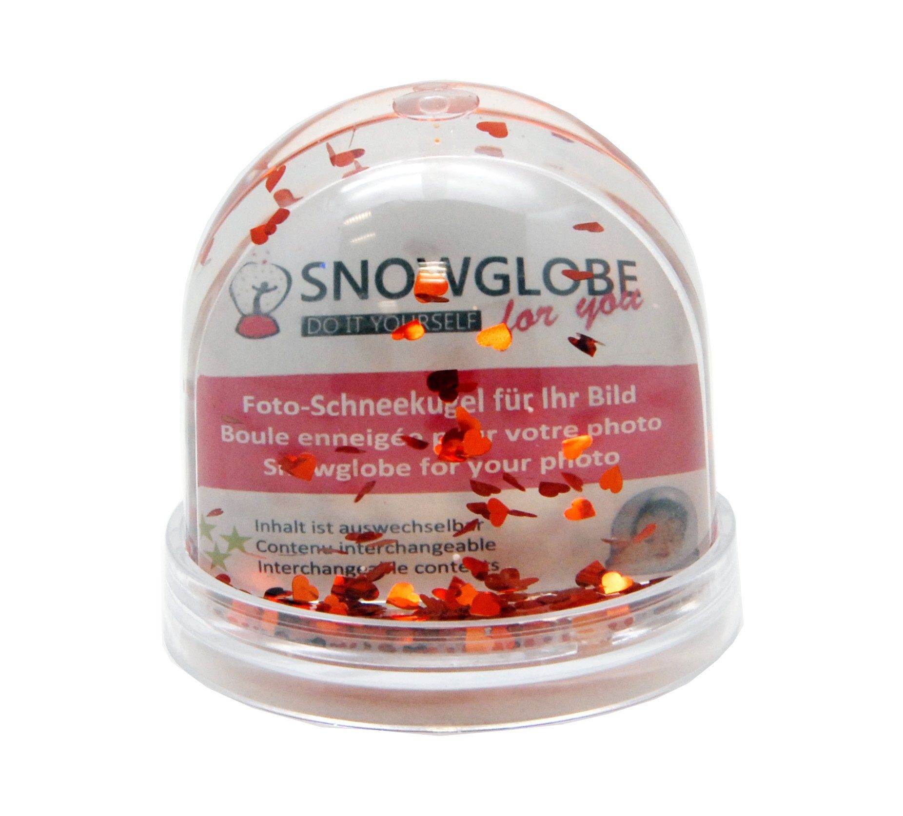 Snowglobe-for-you Schneekugel Foto Schneekugel Kunststoff Sockel transparent 9cm – rote Herzen