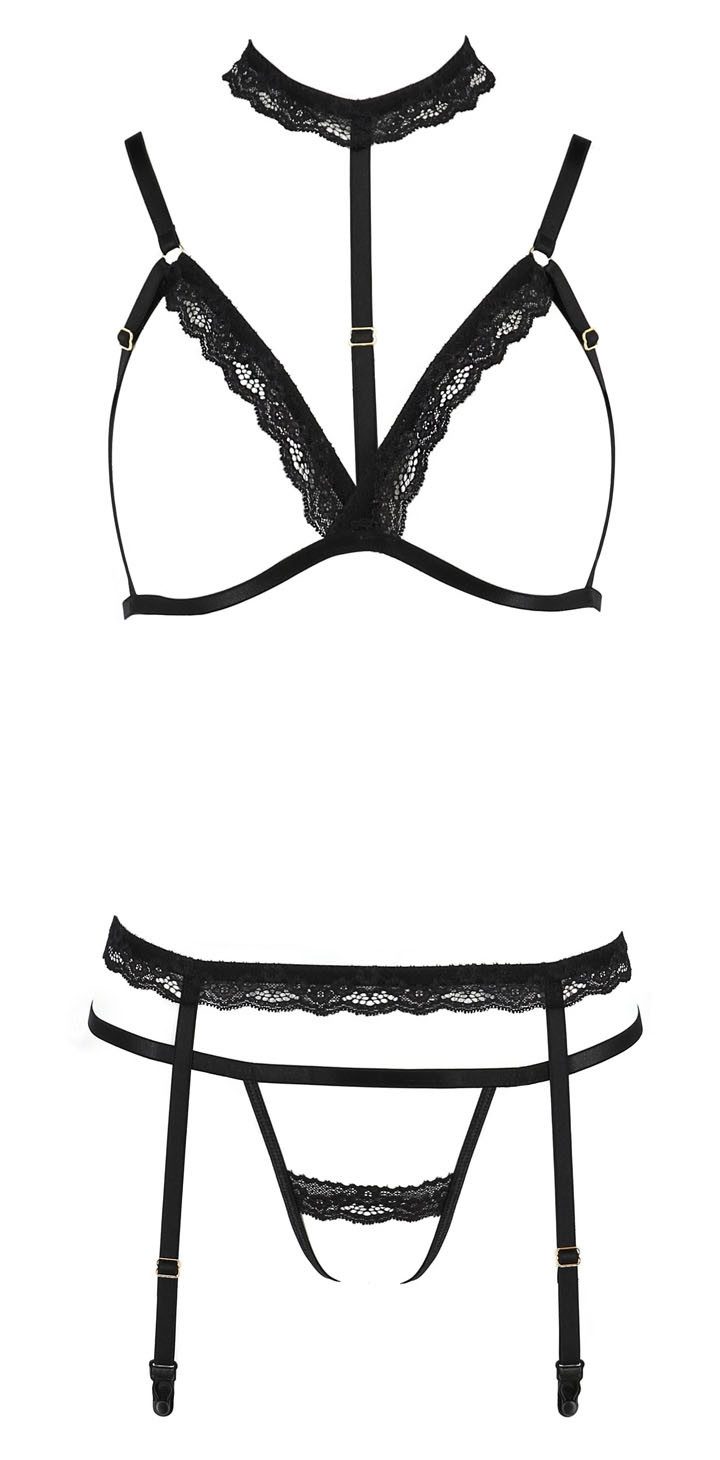 Passion Set: Ouvert-BH aus zarter Spitze (Dessous-Set: BH, Strapsgürtel und Ouvert-String)