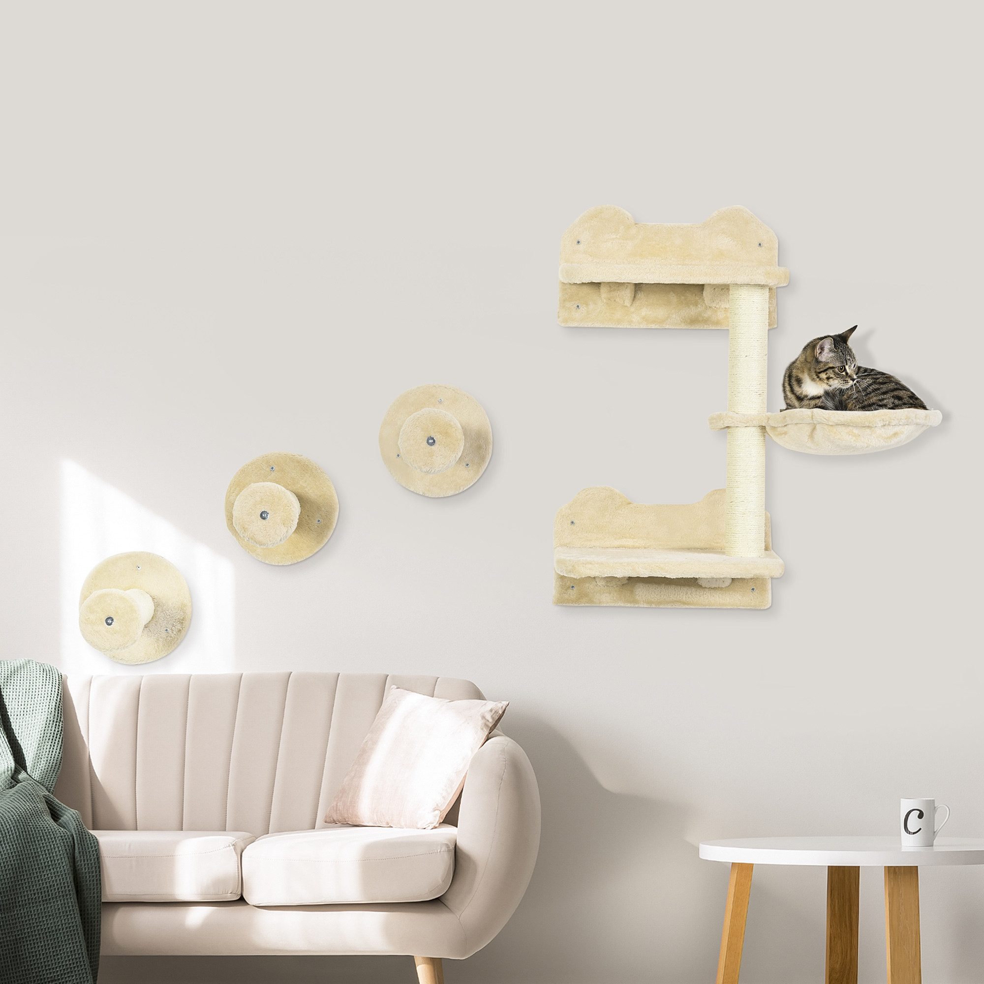 PawHut Katzen-Kletterwand Set mit Sprungturm, Kratzbaum mit Hängematte, bis zu 5 kg, Sisal, Beige+Cremeweiß, 40 x 28 x 73cm