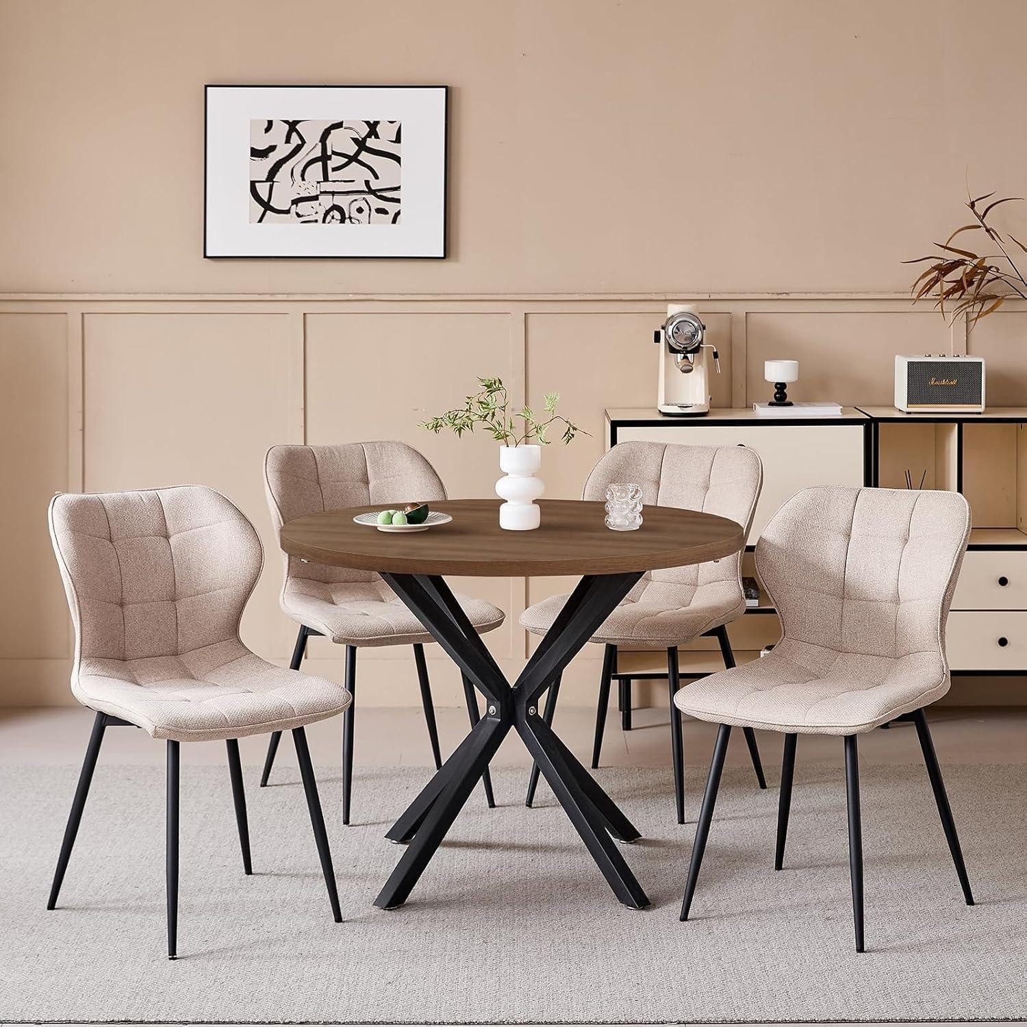 LuxusKollektion Esstisch Esstischset Rund 100cm Holzmaserung 1 Tisch 4 Stühle Dunkel + Khaki (1-St)