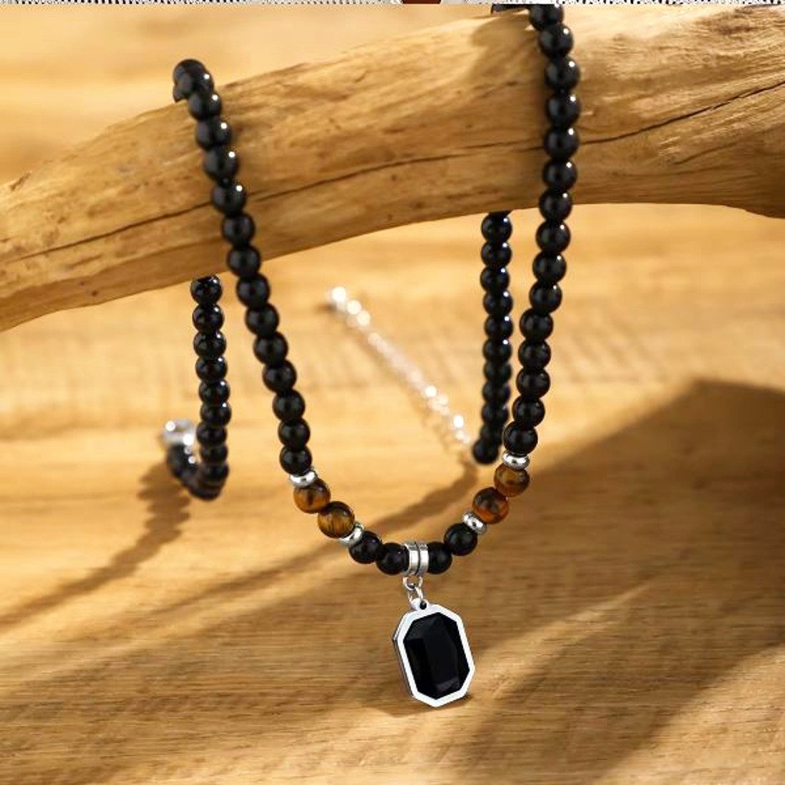 KARMA Perlenkette Herren Perlenkette schwarz mit Anhänger (Herrenschmuck Geschenk für Ihn, Herrenhalskette), Schwarze Kette