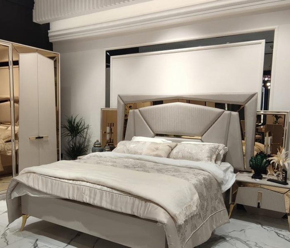 Schlafzimmer-Set Komplett Schlafzimmer Doppelbett Nachttische mit Spiegel Beige Gold
