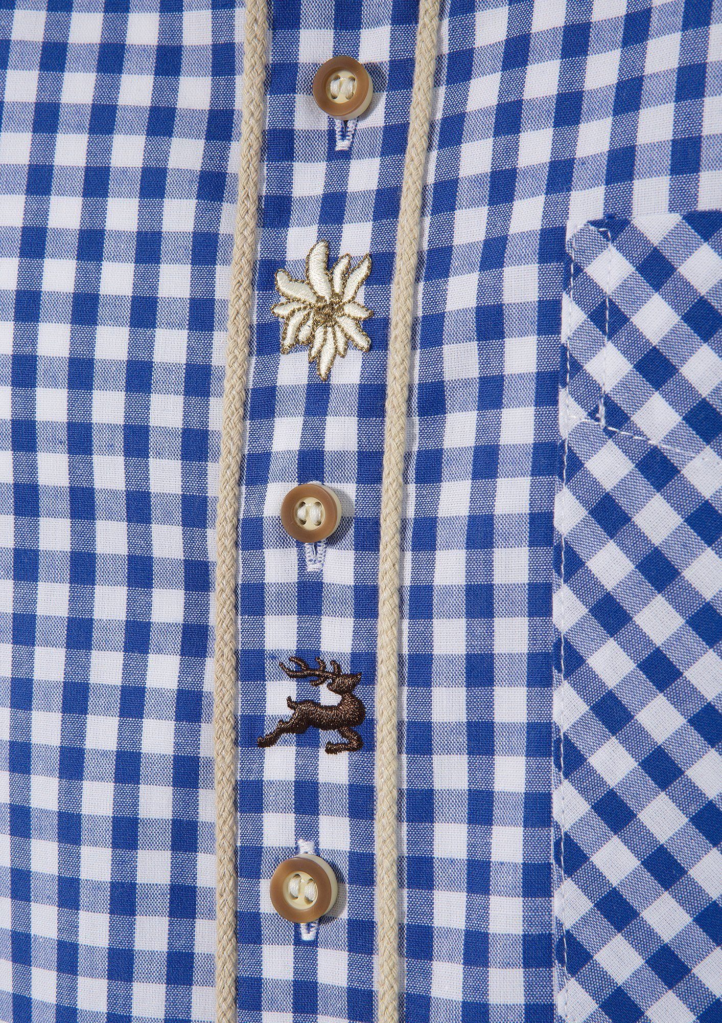 Moschen-Bayern Trachtenhemd Trachtenhemd Stickerei Kurzarm Herren Langarm Wiesn-Hemd Lederhose Blau Herrenhemd + Krempelarm Karo zur - kariert Hirsch