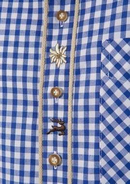 Moschen-Bayern Trachtenhemd Trachtenhemd Herren kariert Stickerei Hirsch Wiesn-Hemd zur Lederhose - Karo Herrenhemd Langarm + Kurzarm Krempelarm Blau