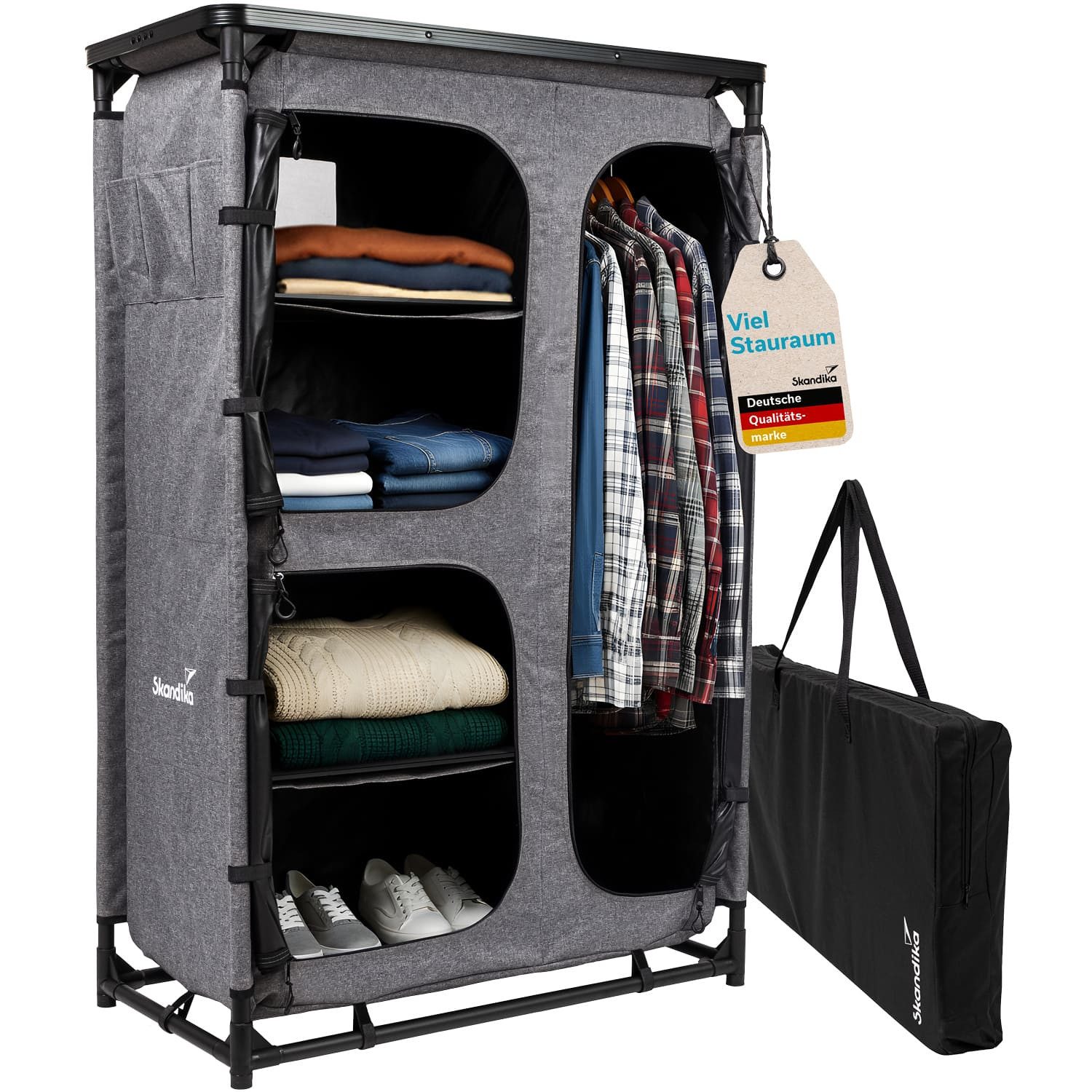 Skandika Campingschrank Campingschrank Ruoka, Hochschrank, Stecksystem ohne Werkzeug (Organizer-Taschen, Reißverschluss-Zughilfen, belastbar bis 50 kg) 4 Fächer mit Einlegeböden, Kleiderstange, Tragetasche, Kleiderstange