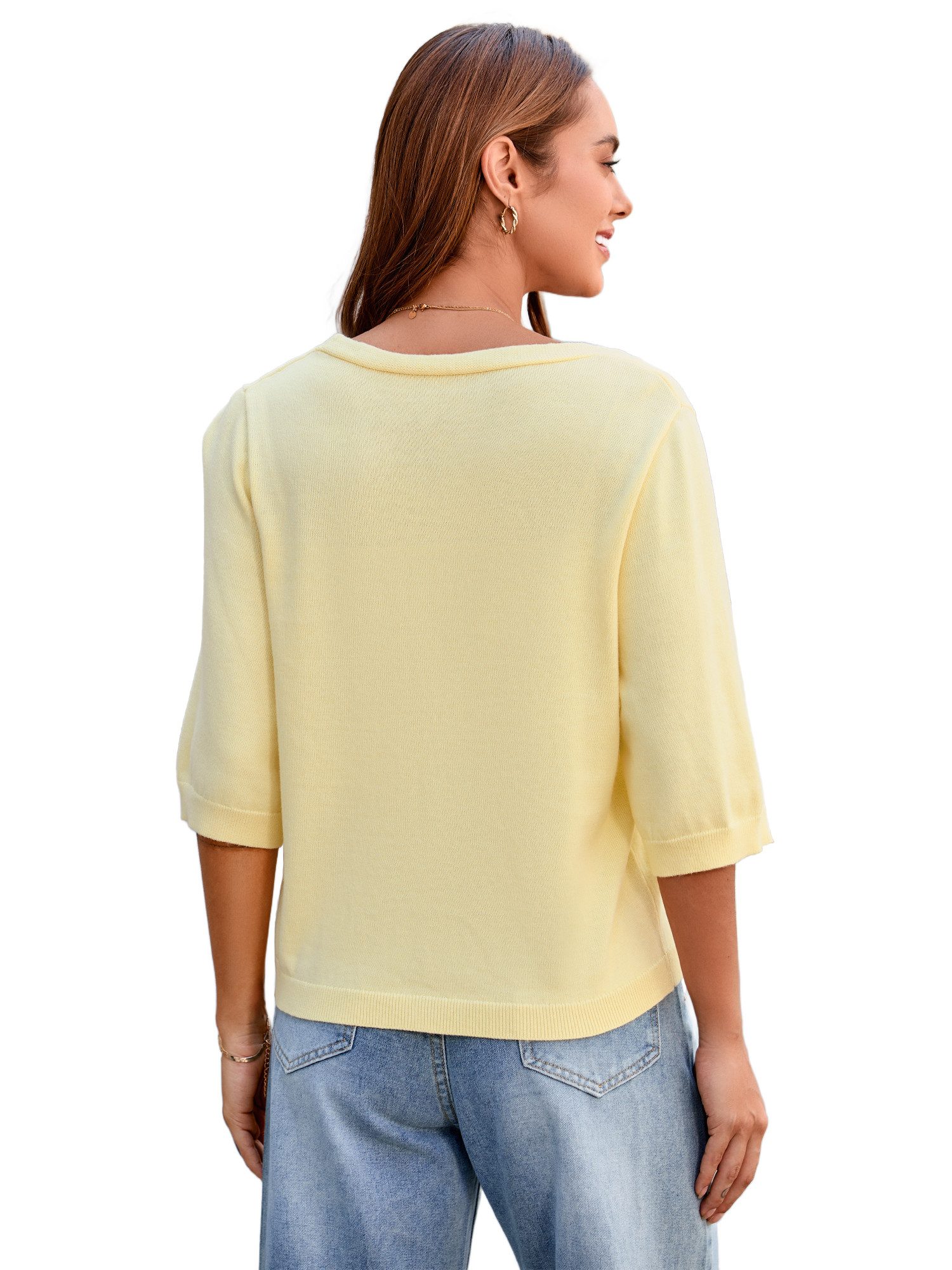 Imily Bela Kurzarmpullover Damen Lässige Strickpullover mit Knöpfen (Packung, 1-tlg., 1per-Pack) mit V-Ausschnitt