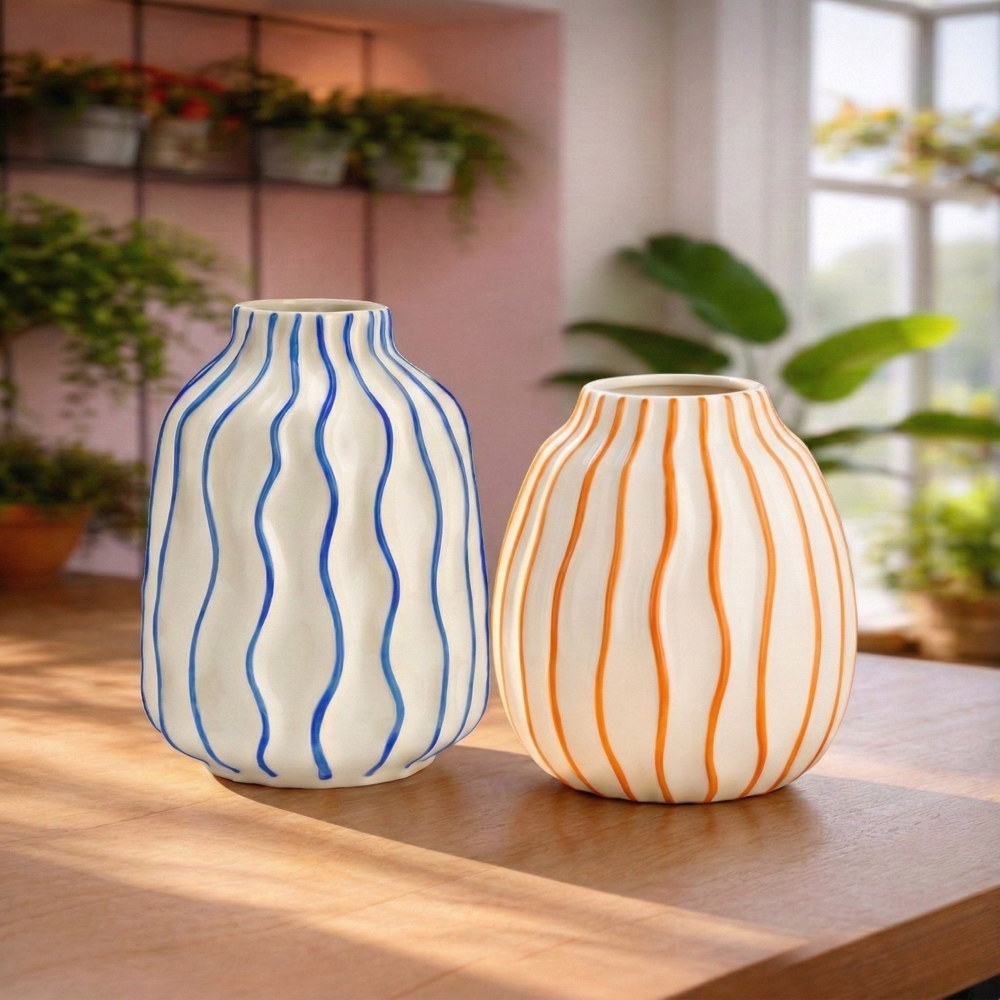 matches21 HOME & HOBBY Dekovase Keramik-Vase Blau-Orange gestreift Dopamine Deko (2 St), Moderne bunte Dekovasen für Wohnzimmer