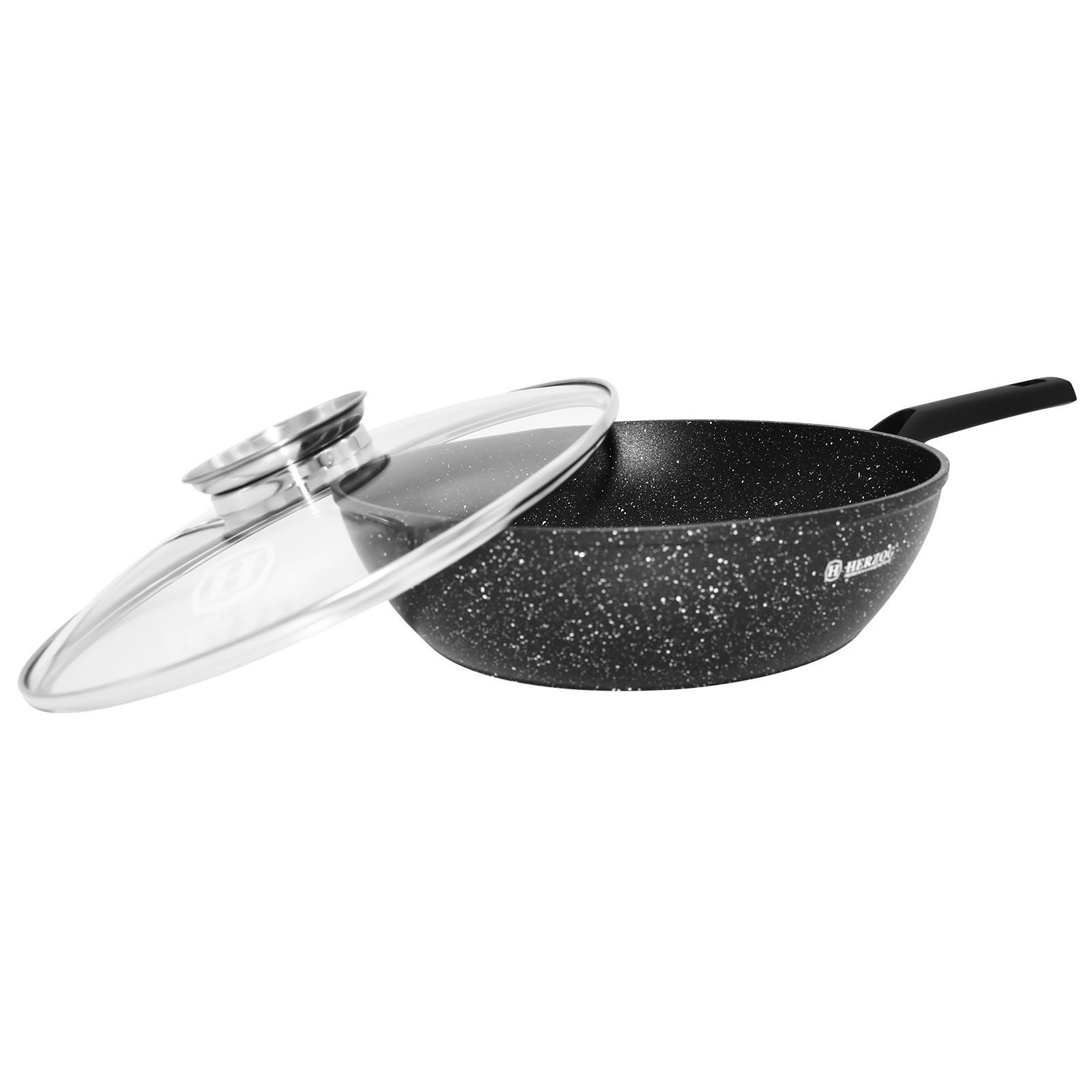 Kitchen Pro + Bratpfanne Induktionsgeeignete Bratpfanne 32 cm, Ergonomische Pfanne mit Deckel, Aluminium, Leicht zu reinigen, für alle Herdarten geeignet