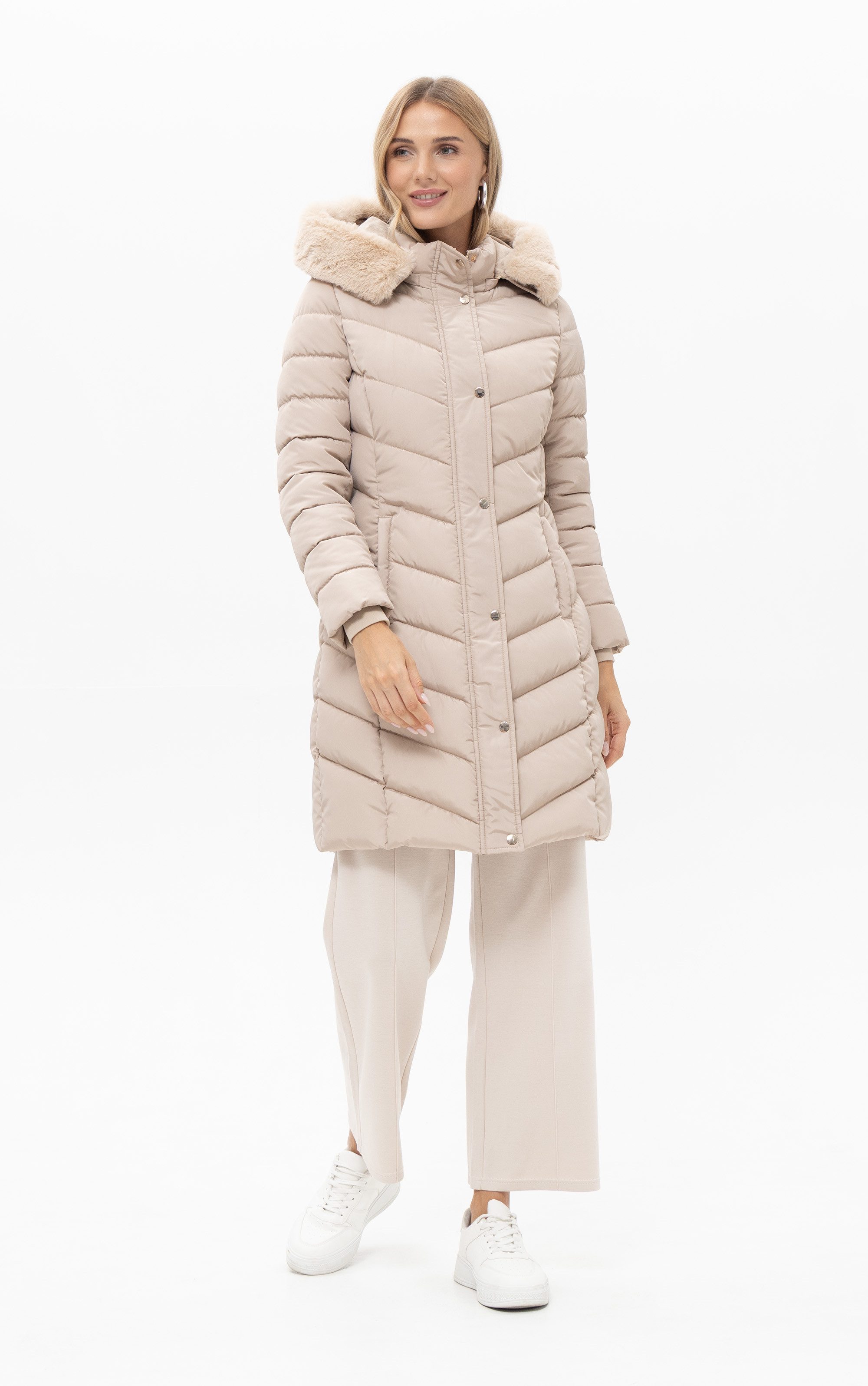 Passioni Winterjacke Lange Steppjacke mit Kapuze mit abnehmbaren Kunstfellb günstig online kaufen