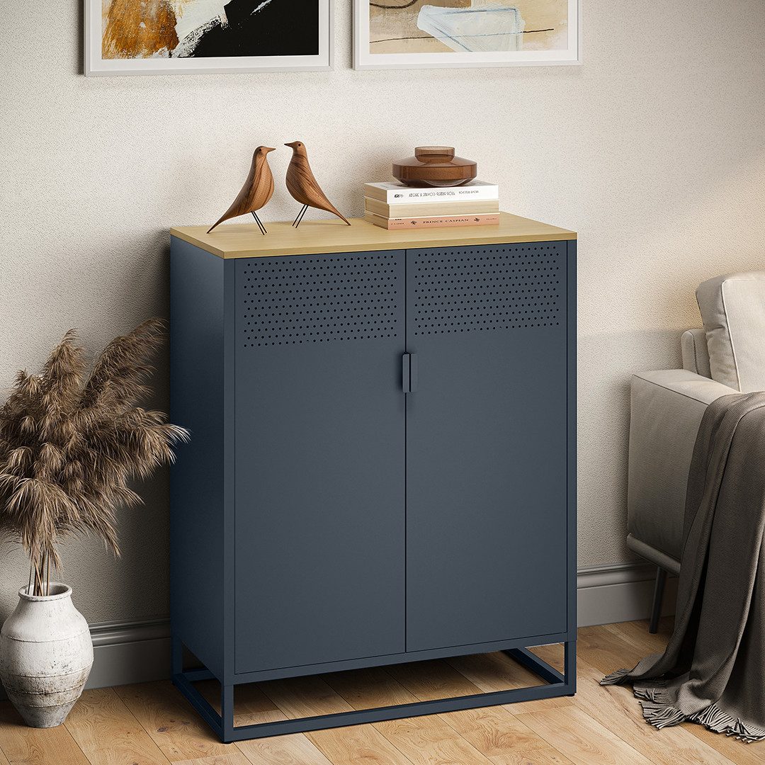 skølm Kommode Izar aus Metall (Anthrazit, mit MDF-Ablagefläche), Highboard mit Doppeltür & höhenverstellbare Einlegeböden