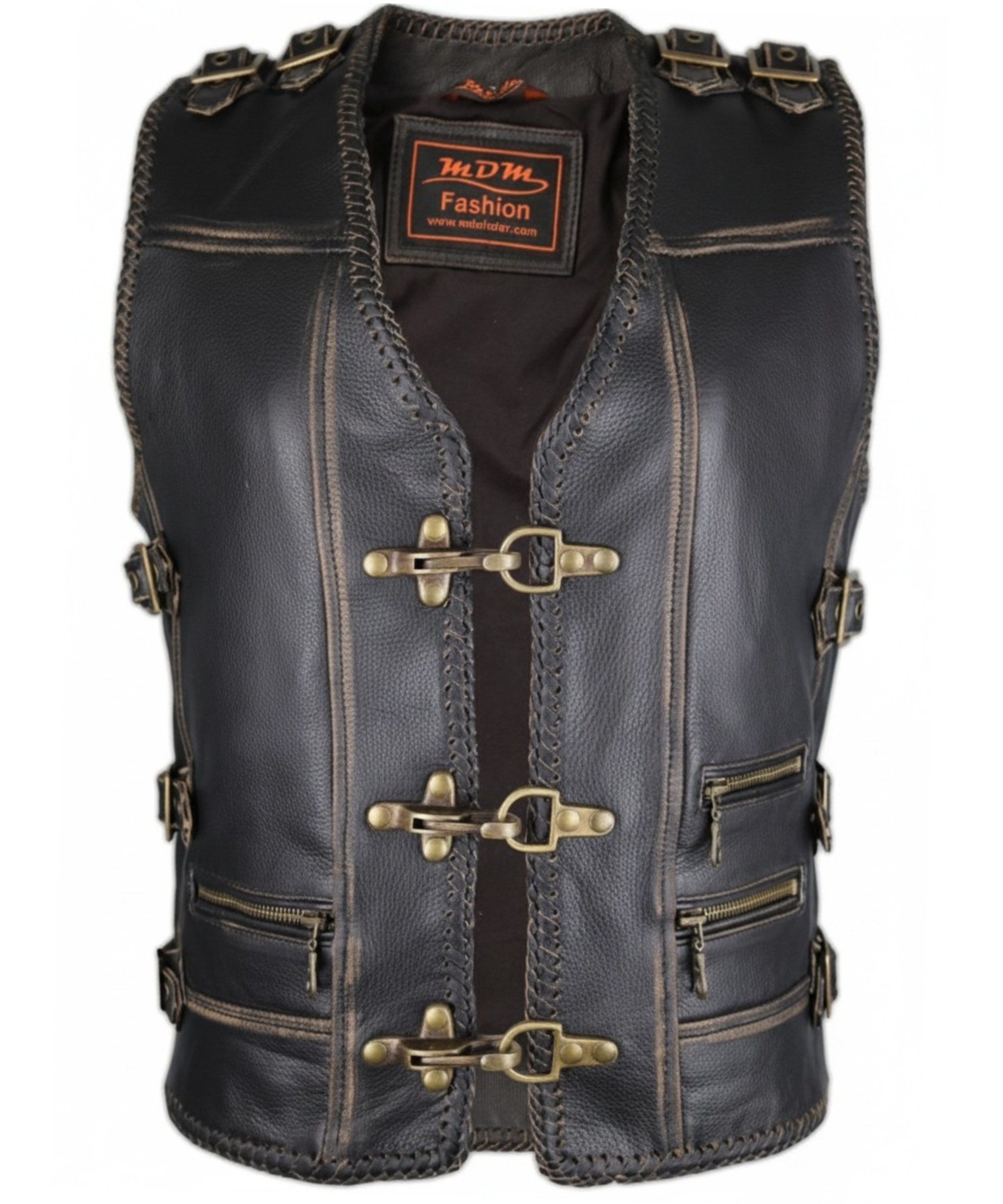MDM Lederweste Damen Biker Lederweste in Schwarz mit Messing Schnallen Taillierte Damen Lederkutte mit Messing-Schnallen