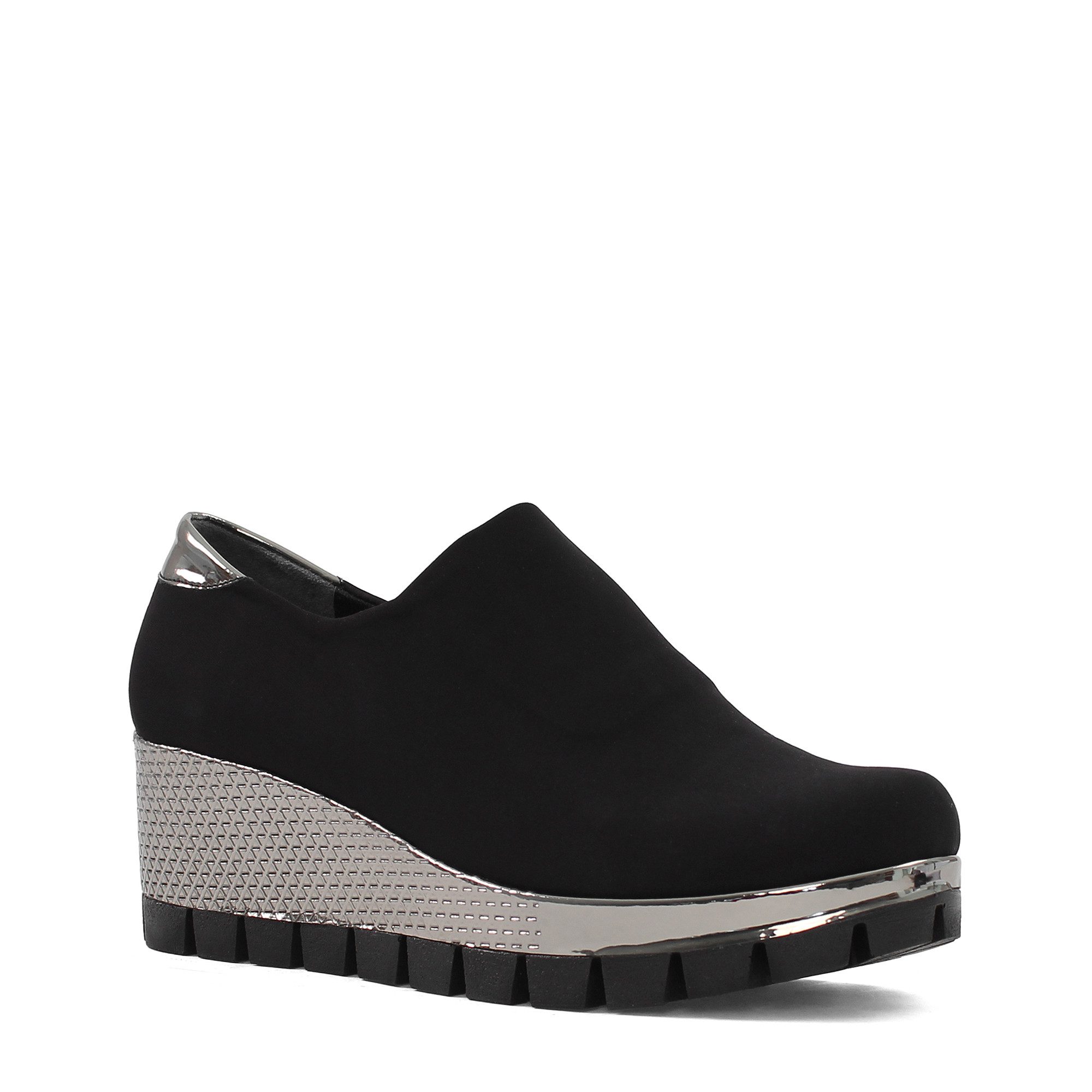 Celal Gültekin Keilabsatz Plateau Schuhe Damen Slip-on Stretch Schlupfform Keilsneaker Stretch, silberfarbene Sohle, Schwarz/Silber, 39