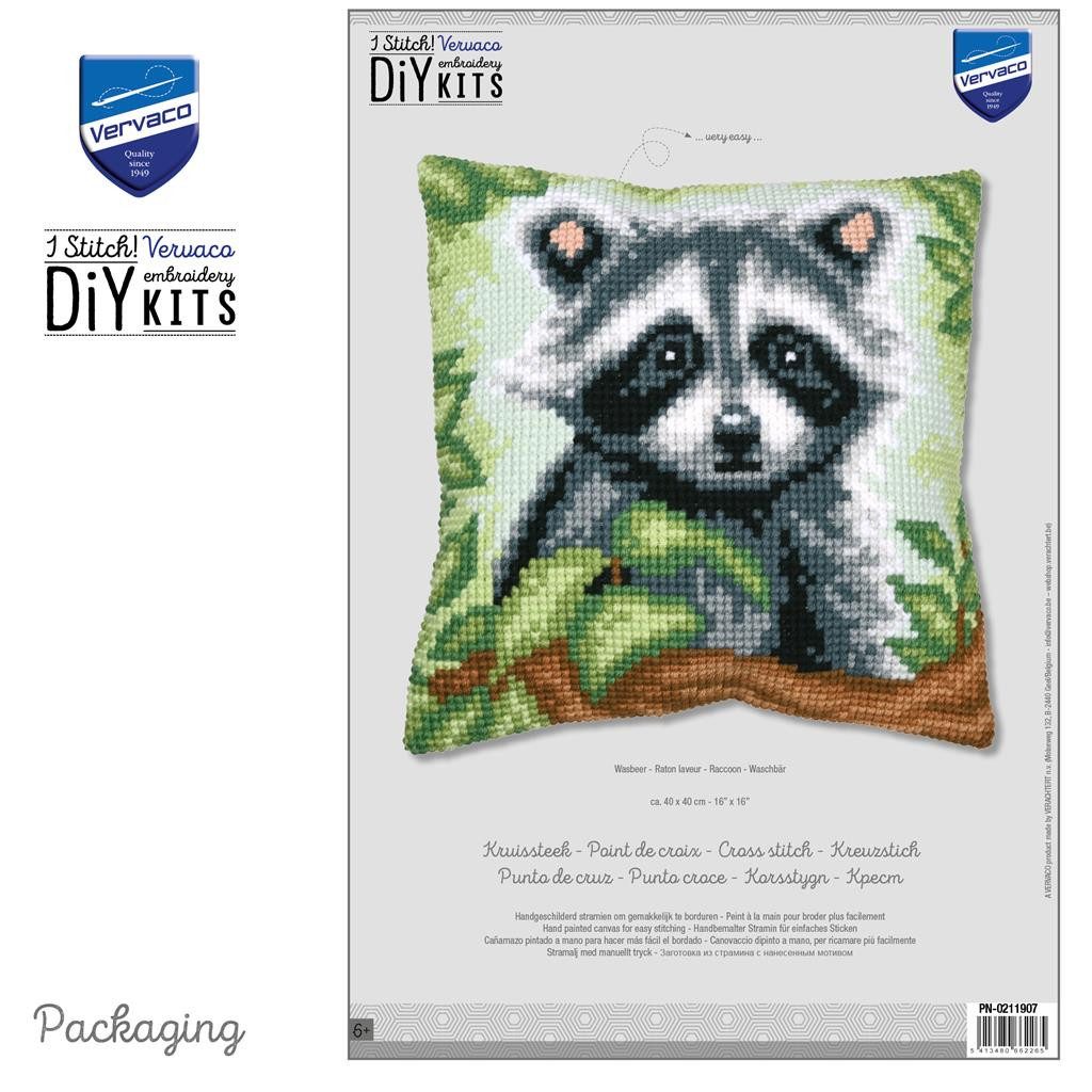 Vervaco Kreativset Kreuzstichkissenpackung Waschbär - Stickbild vorgezeichnet, (Set, Vervaco embroidery Kit), Made in Europe