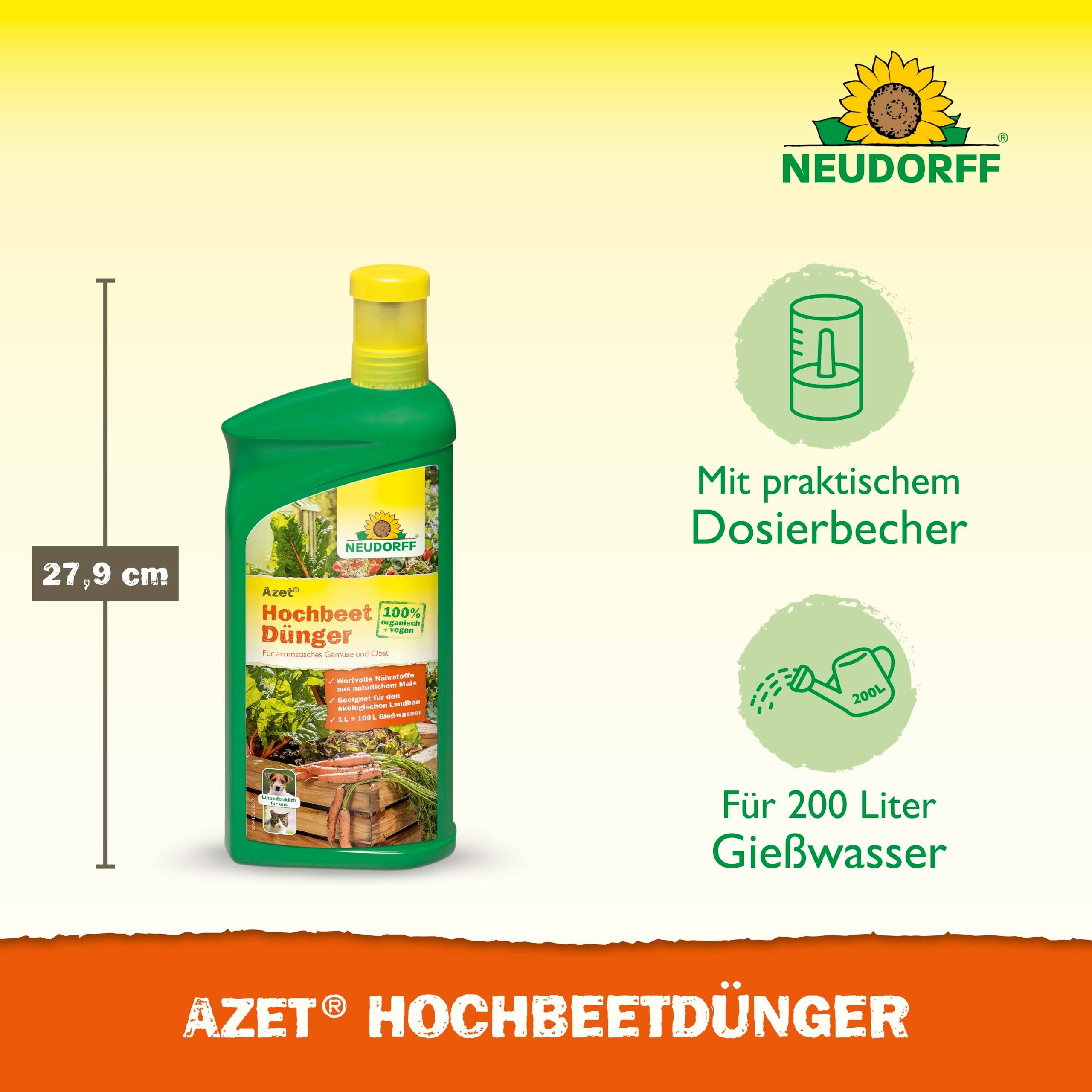Neudorff Blumendünger Bio - Azet HochbeetDünger 1L für 200L Gießwasser, 100 % organisch und vegan - Bio Dünger für eine leckere und aromatische Ernte, von Obst, Gemüse und Kräutern im Hochbeet, mit praktischem Dosierbecher