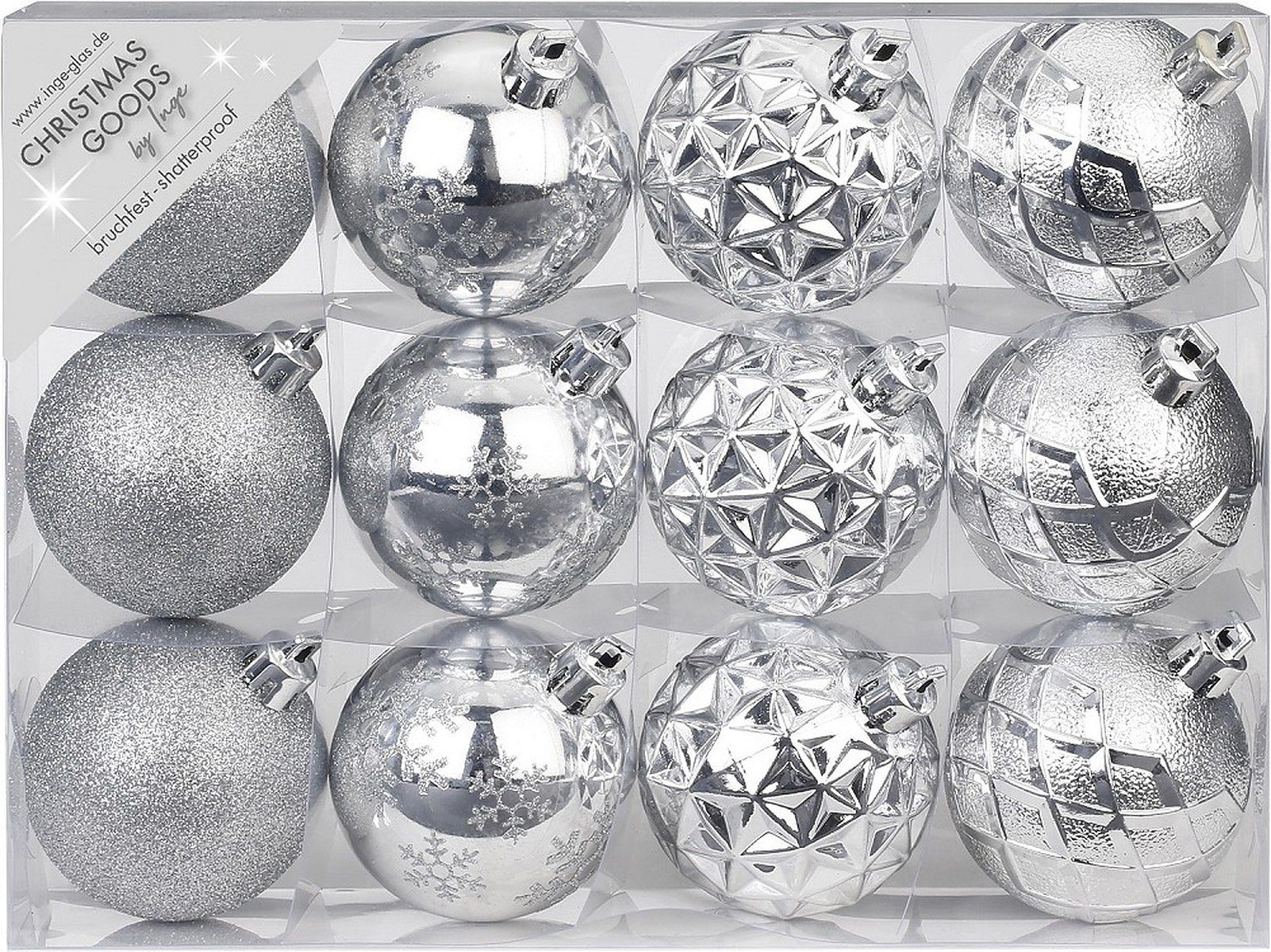 MAGIC by Inge INGE-GLAS® Christbaumschmuck Inge's Weihnachtskugeln 12 Stück 6 cm Silber, Kunststoff, bruchfest, Baumdekoration, Baumschmuck, Weihnachtsdekoration