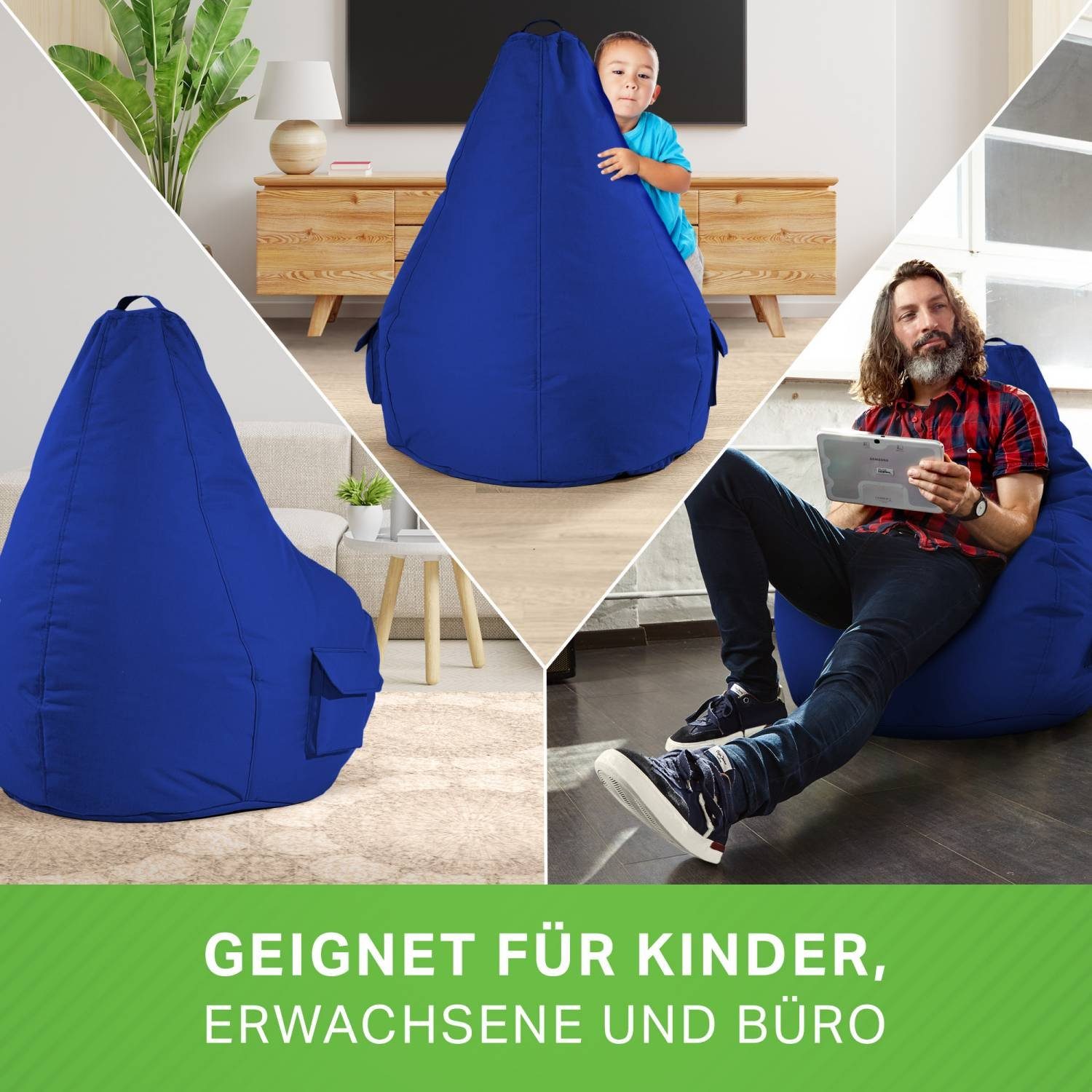 fertig Set Sitzsack schmutzabweisend Hocker Bodenkissen), - befüllt Bag Pouf & waschbar Gamingstuhl Erwachsene - Sitzsack Lounge Green + -, (2er Relax-Sessel Cozy+Cube robust Sitzhocker Bean Blau Bean Kinder Gamer