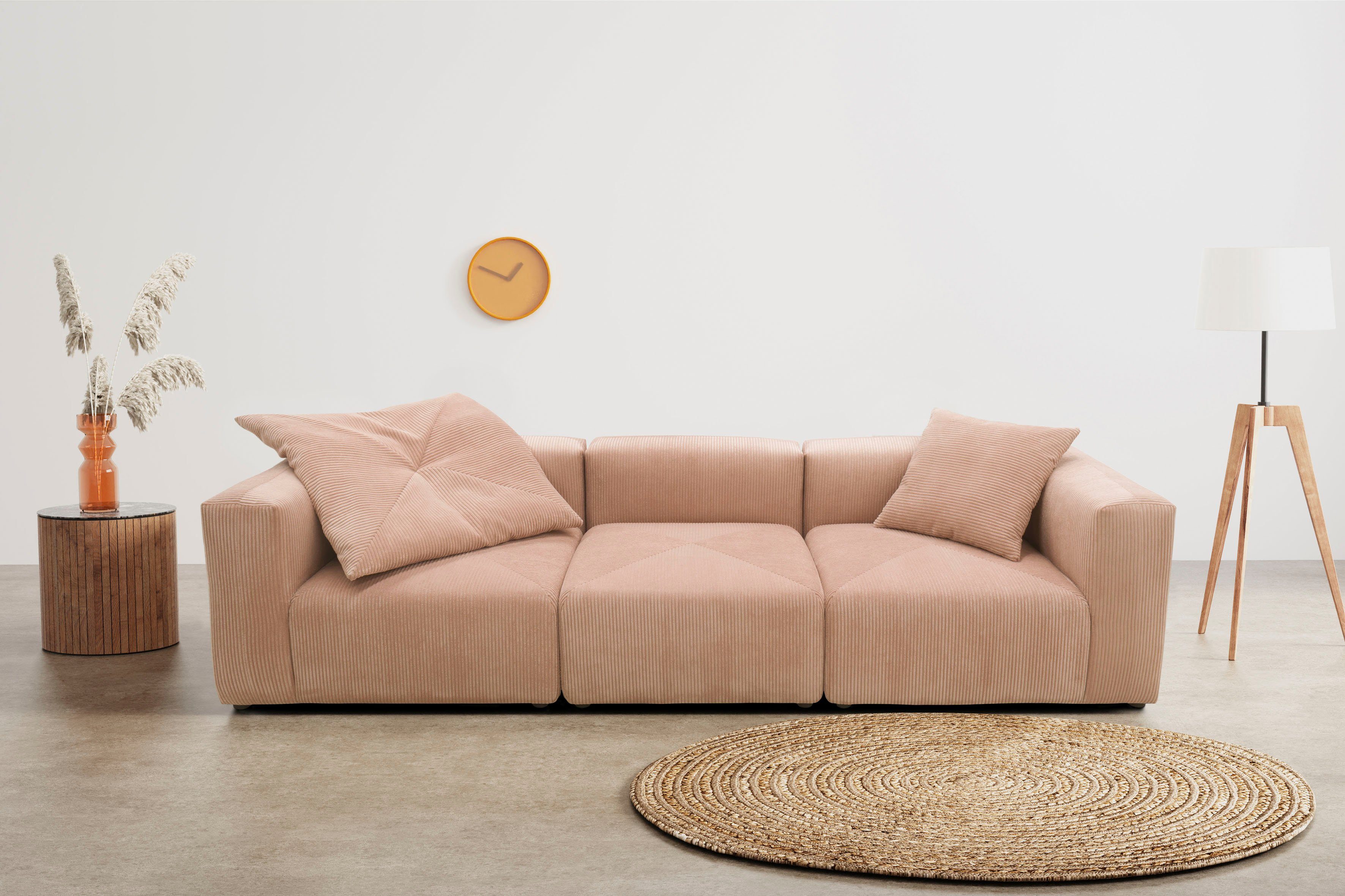 RAUM.ID Big-Sofa Gerrid, Cord-Bezug, bestehend aus Modulen: 2 Eck- und ein Mittelelement rose