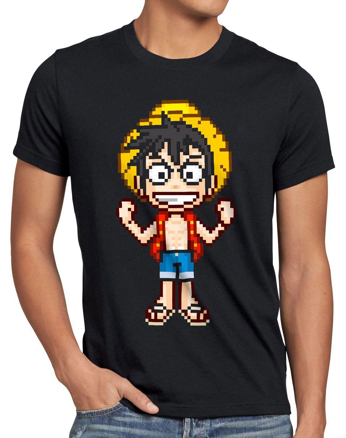 style3 Print-Shirt Herren T-Shirt Pixel Luffy piece strohhut pirat one sanji anime manga ruffy neu schwarz