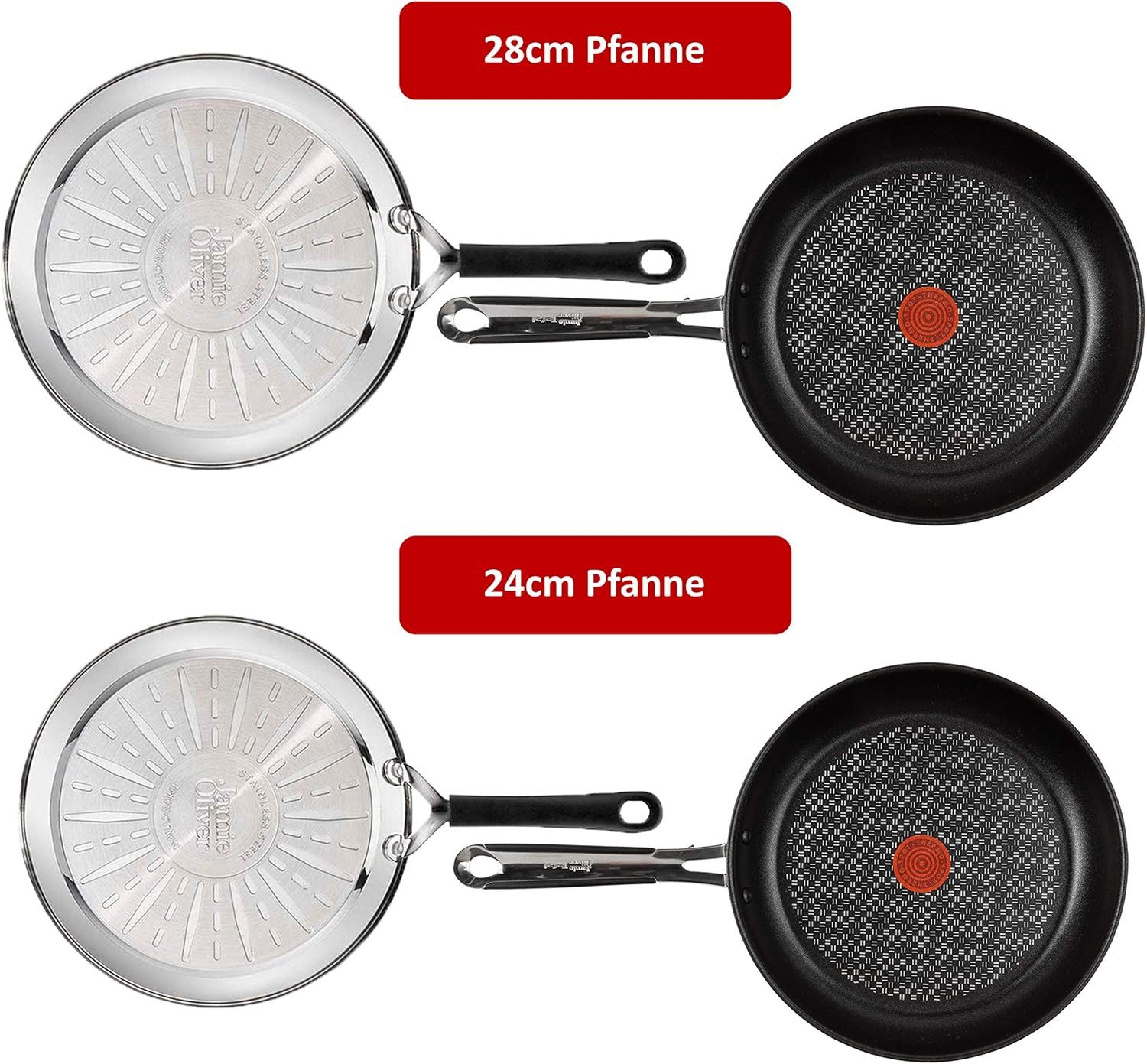 Tefal Pfannen-Set Jamie Oliver E76 Pfannenset 24+28cm, Pfanne alle Herdarten + Induktion, Edelstahl 18/10 (Pfanne, Bratpfannen Set, Pfannenset, Wok, Wokpfanne, Schmorpfanne, Pfannen + 1 Wender & Filzschoner, Bratpfannen Set, Antihaftbeschichtet), ohne Fett / Öl braten