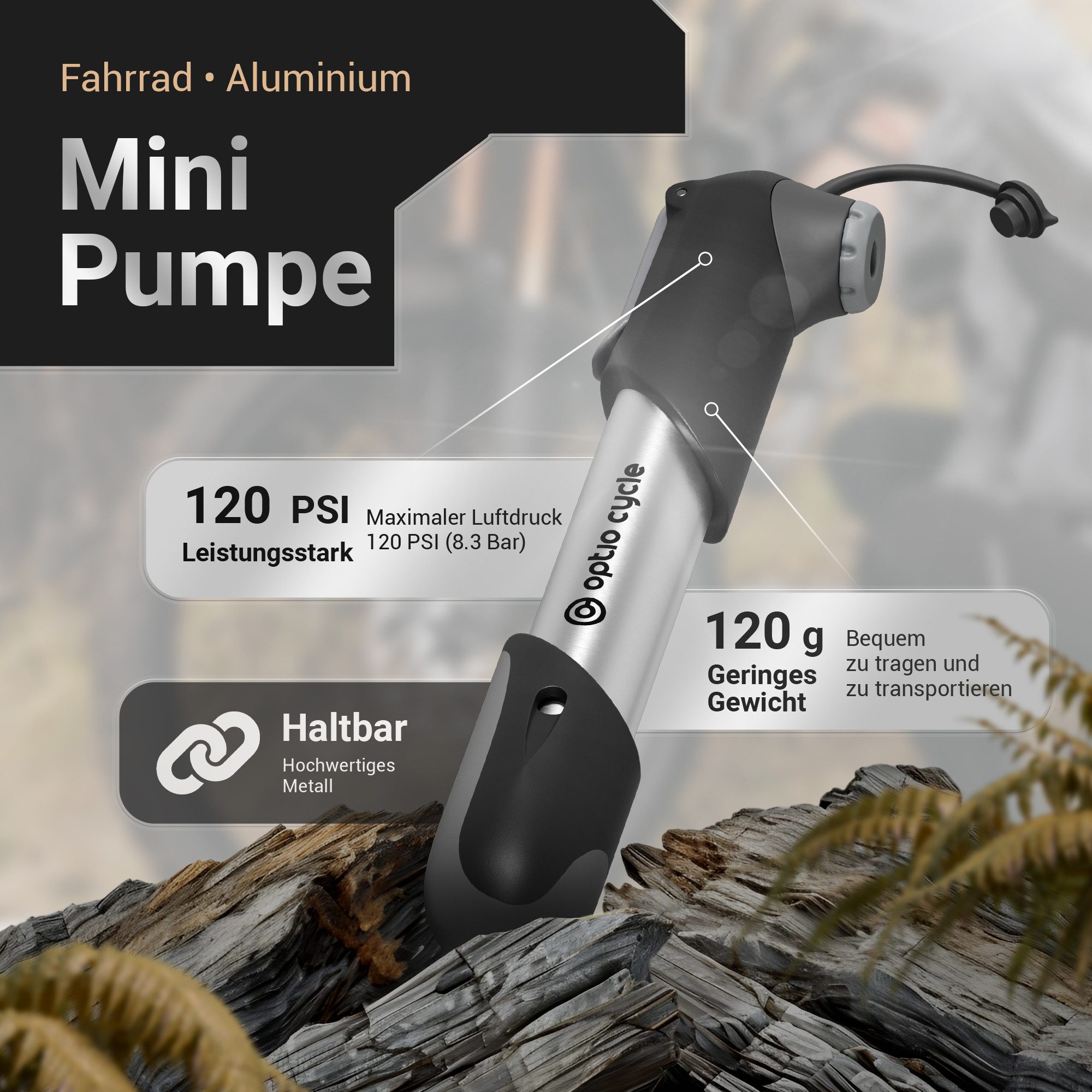Optio Cylce Fahrradpumpe Mini Fahrradpumpe mit Halterung 120 PSI (8,3 Bar) für alle Ventile