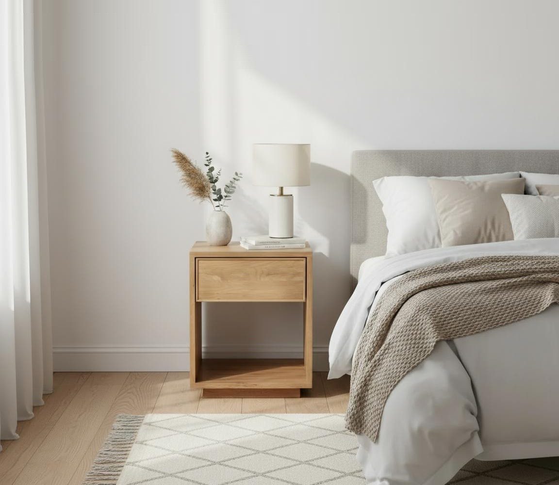 Woodek Design Nachttisch HELENE aus massiver Eiche, matt lackiert, mit Schublade und Ablage (Nachttisch für Schlafzimmer in Naturton, 1-St., Nachkommode mit abgerundeten Kanten), Breite: 40 cm, Tiefe: 38 cm, Höhe: 50 cm