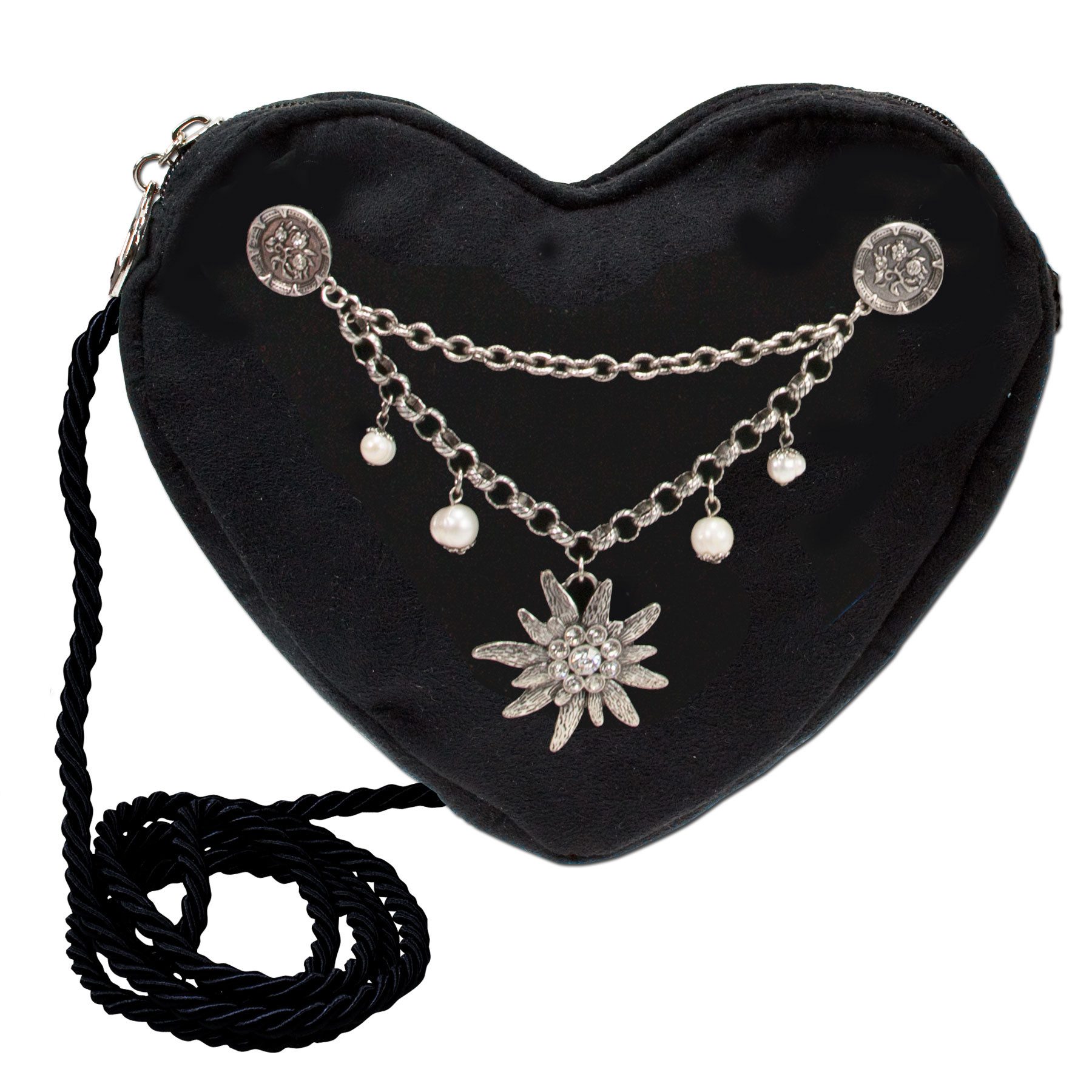 Alpenflüstern Schultertasche Herztasche Charivari Strass-Edelweiss (schwarz), - Damen Trachtentasche in Herzform, Schultertasche fürs Dirndl, Herz H