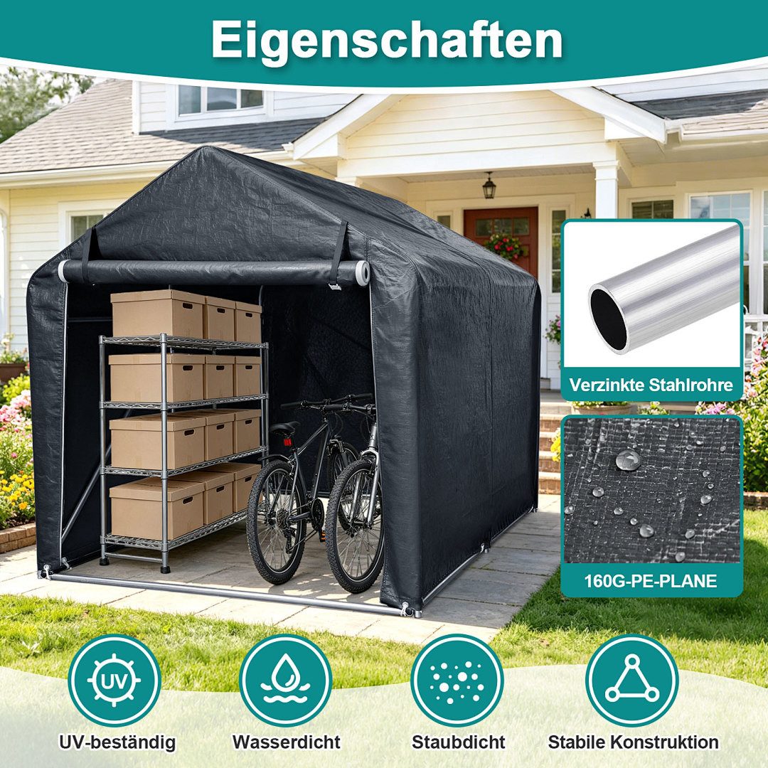 Clanmacy Gerätehaus XL Garagenzelt Motorradgarage 218x157x166cm, 160g PE, Stahlrahmen, BxT: 157x218 cm, Verstärktes verzinktes Stahlgestell, 160g PE-Gewebe, UV- – Bild 3 von 5
