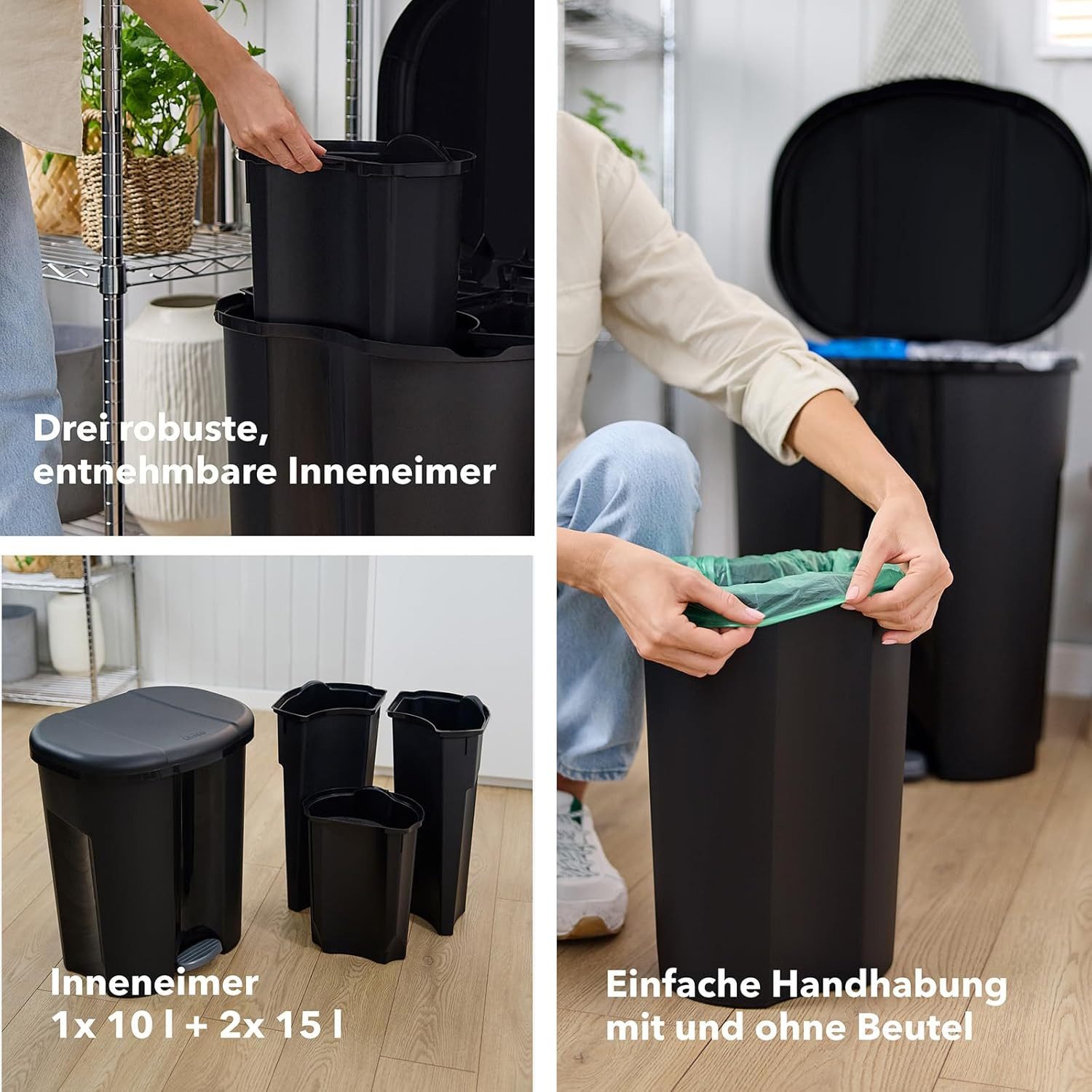 ROTHO Mülleimer Trittabfalleimer TRIO 1 x 10 l, 2 x 15 l je 3 Einsätzen – Bild 3 von 5