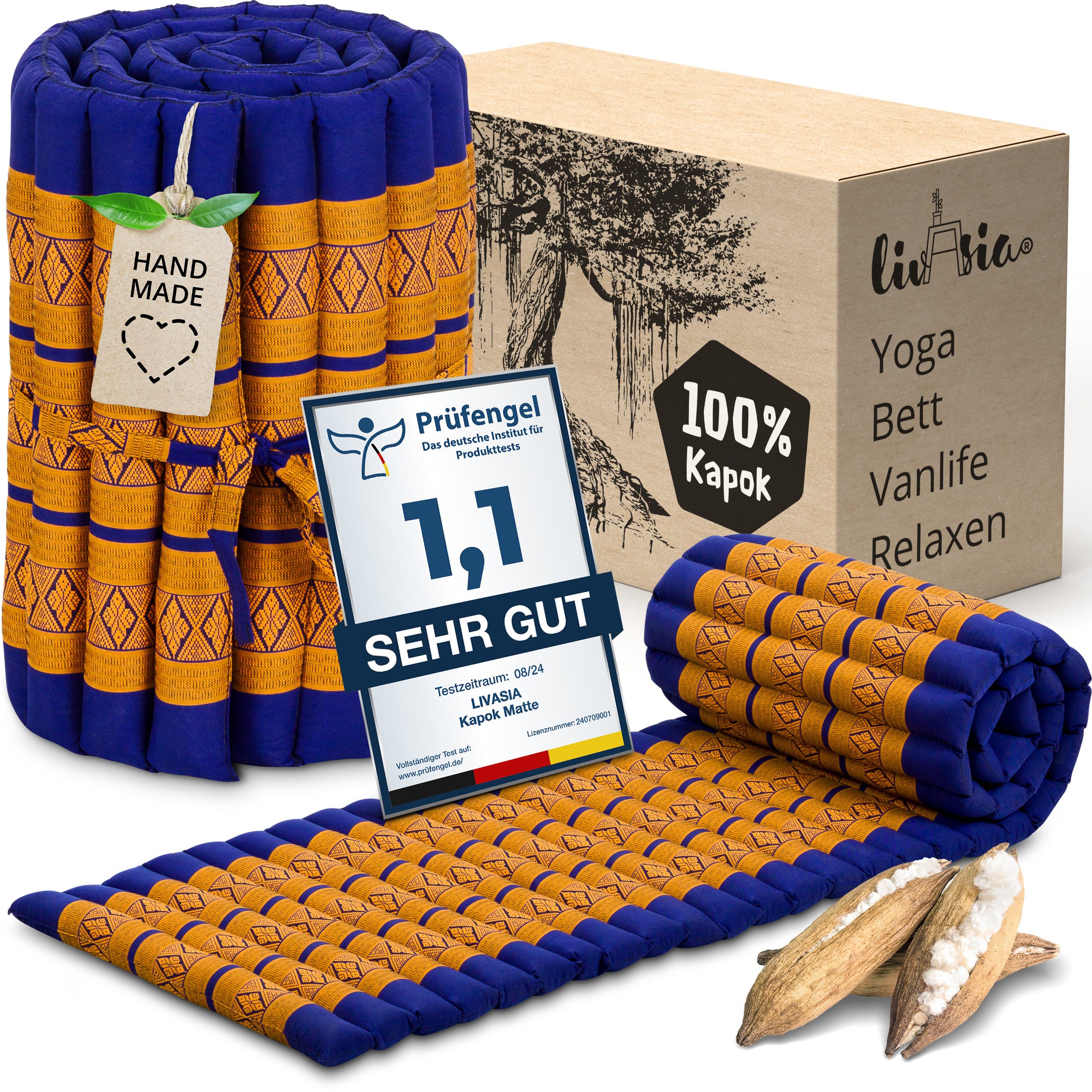 Reisebett-Matratzen Rollmatte 50 cm breit, vegan und handgefertigt, 210x50x4,5cm, livasia, 4,50 cm hoch, Kapok