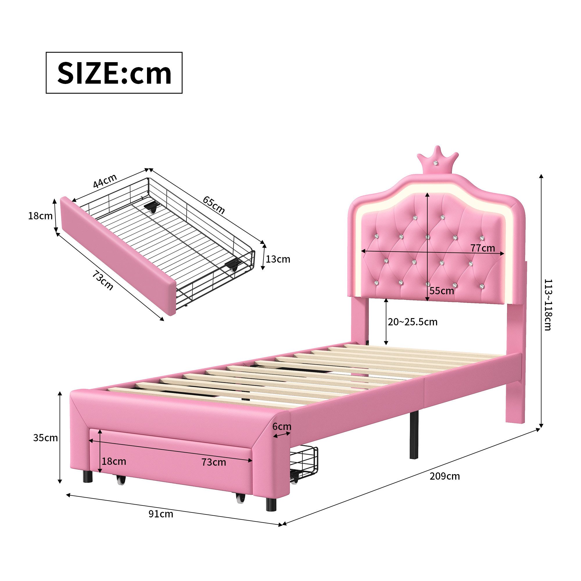 ADWOLT Polsterbett Polsterbett Kronenbett mit anhebbarem Kopfteil Kronenform (Jugendbett), 90x200 cm,Kinderbett,Gepolstert,Kunstleder,Weich und bequem,Rasa – Bild 5 von 5