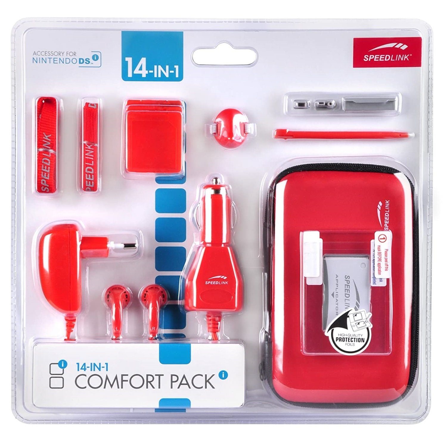 Speedlink Konsolen-Tasche 14in1 Pack Hard-Case Ladegerät KFZ Наушники Rot, Zubehörpaket mit Tasche Touch-Pen Folie etc für Nintendo DSi Konsole