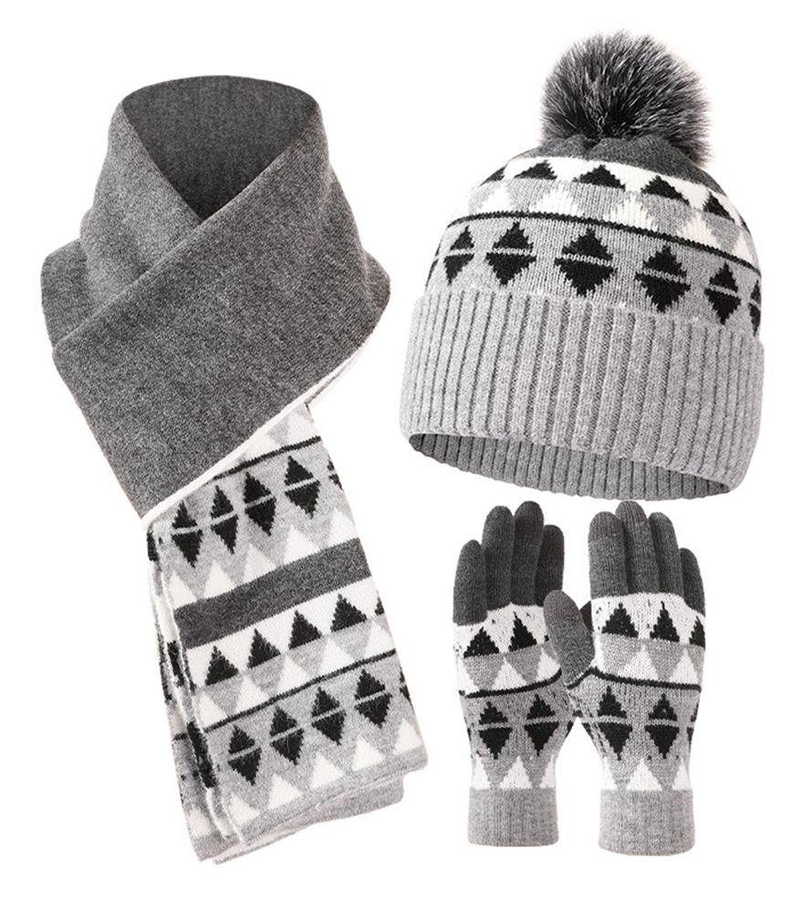 Schwarz und Warme Rouemi Mütze Set Handschuhe Schal kalte Schal Mütze Dreiteiliges Wollmützenset, &
