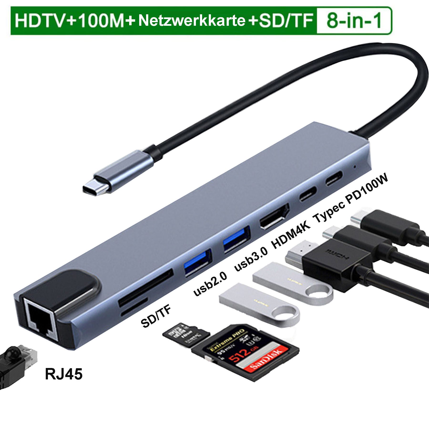 Senmudi USB-Verteiler 8-IN-1 USB C Hub, Typ-C Multiport Adapter mit Ethernet, USB Hub 3.0 (SD/TF-Player,D 100W,4K HDMI,100gbps,5 Gbps Übertragungsgeschwindigkeit, Multiport Typ C für MacBook Air Pro, iPad, iPhone 15 16, Windows PC), für MacBook, iPad, Chromebook, Huawe1, Dell XPS, HP, Samsung