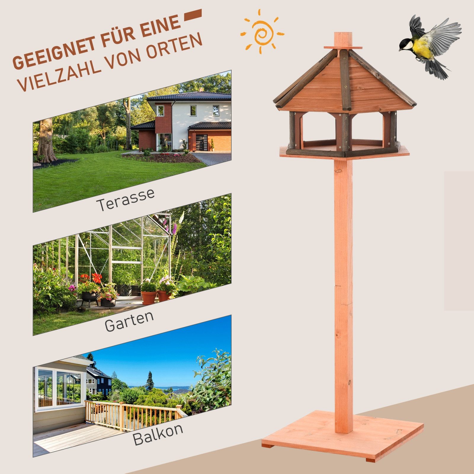 Blossom Vogelhaus Vogelhaus Ø52×130 cm Vogelfutterhaus aus Tannenholz Vogelfutterstation, Vogelhausständer Vogelvilla mit Satteldach, für Garten Balkon, Natur