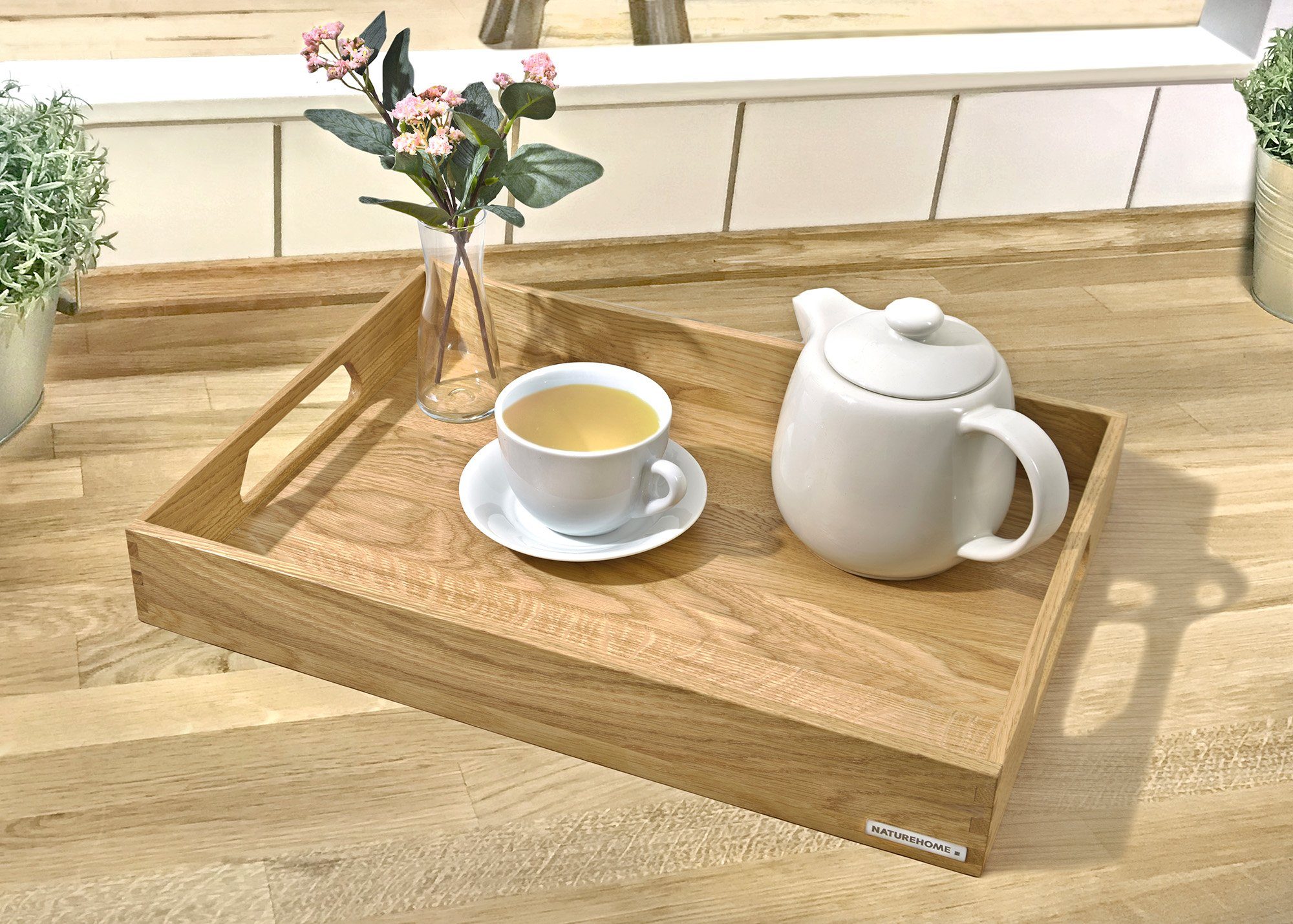 NATUREHOME Tablett Holztablett Serviertablett Küchentablett 50x35x7 cm, Eichenholz, (1-tlg), Massivholz, Handarbeit