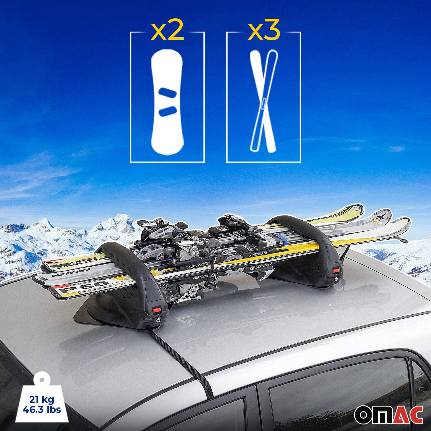 OMAC Dachträger Skiträger Ski Snowboard Träger Ski Dachträger Aconcagua Schwarz 2x (2-St), Haltbar, Langlebig