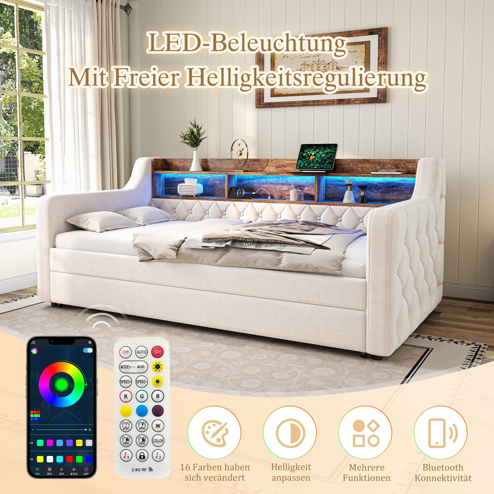Celya Polsterbett Schlafsofa aus Samt mit Stauraum (ohne Matratze mit LED-Ambiente und USB-C-Anschluss), Ideal für Schlafzimmer, Gästezimmer oder Jugendzim – Bild 5 von 5