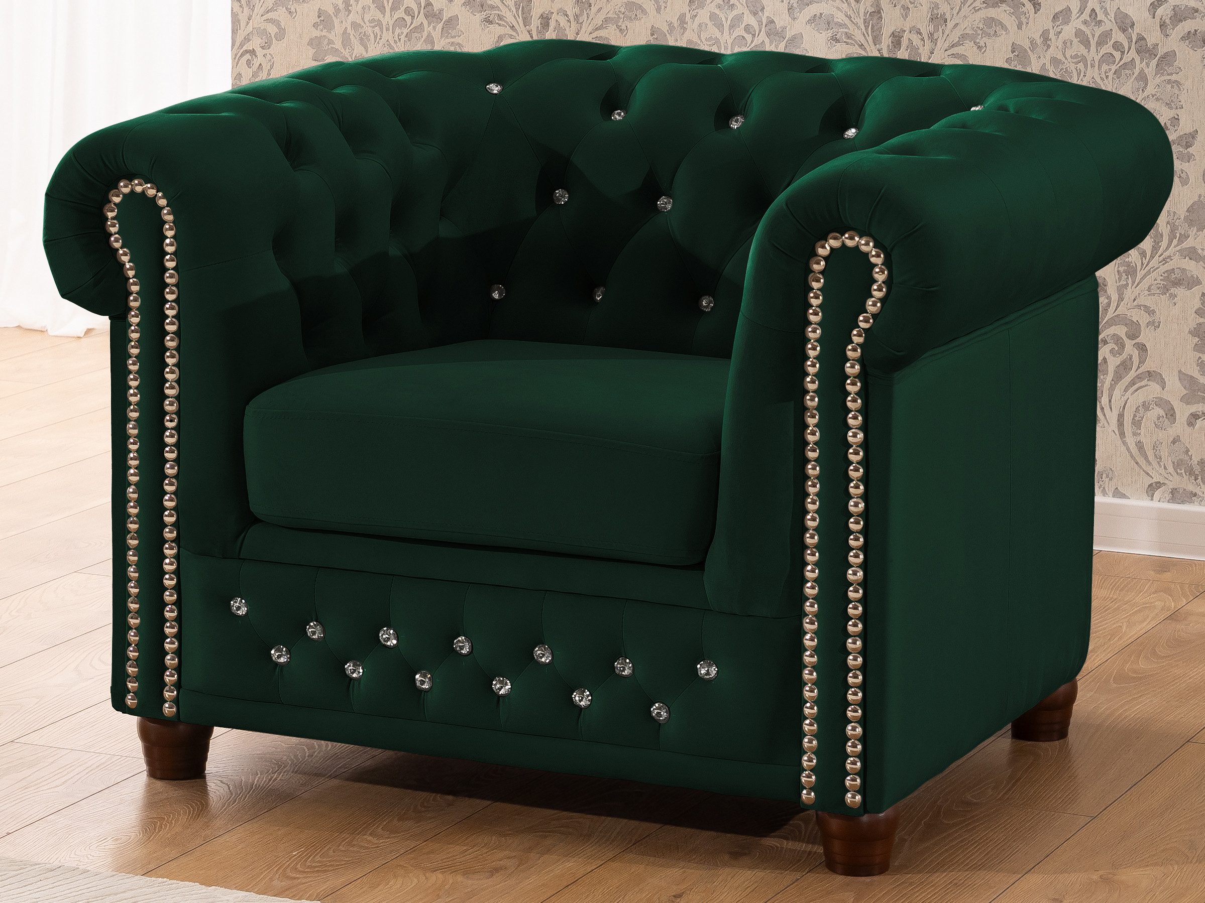 S-Style Möbel Chesterfield-Sessel Cleo Blink aus Samt mit Kristallsteppung und braunen Massivholzfüßen, mit Wellenfederung