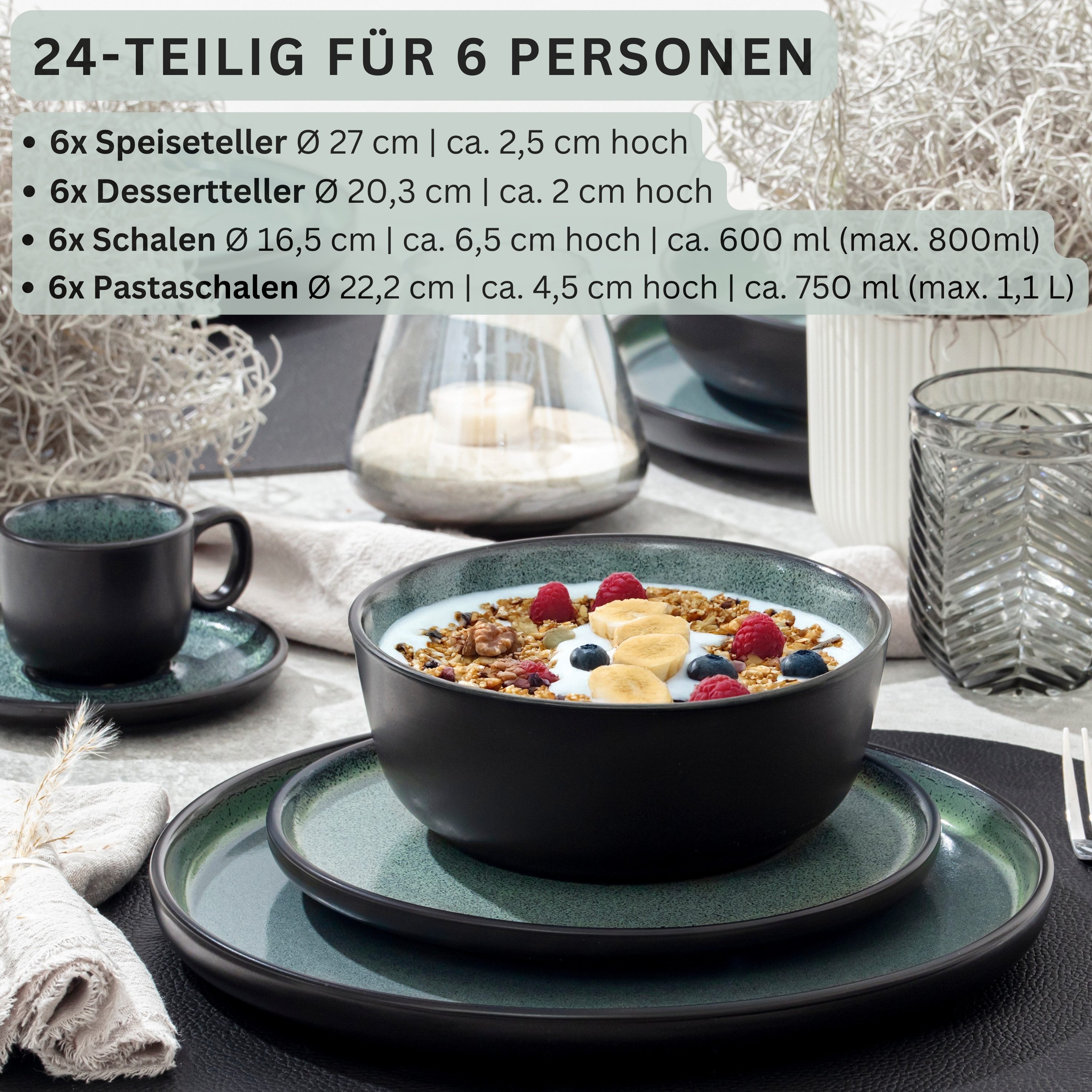 SÄNGER Tafelservice Malmö Geschirrset (24-tlg), 6 Personen, Steingut, Grün-Schwarz, Handmade, Erweiterbar, VALUE COLLECTION