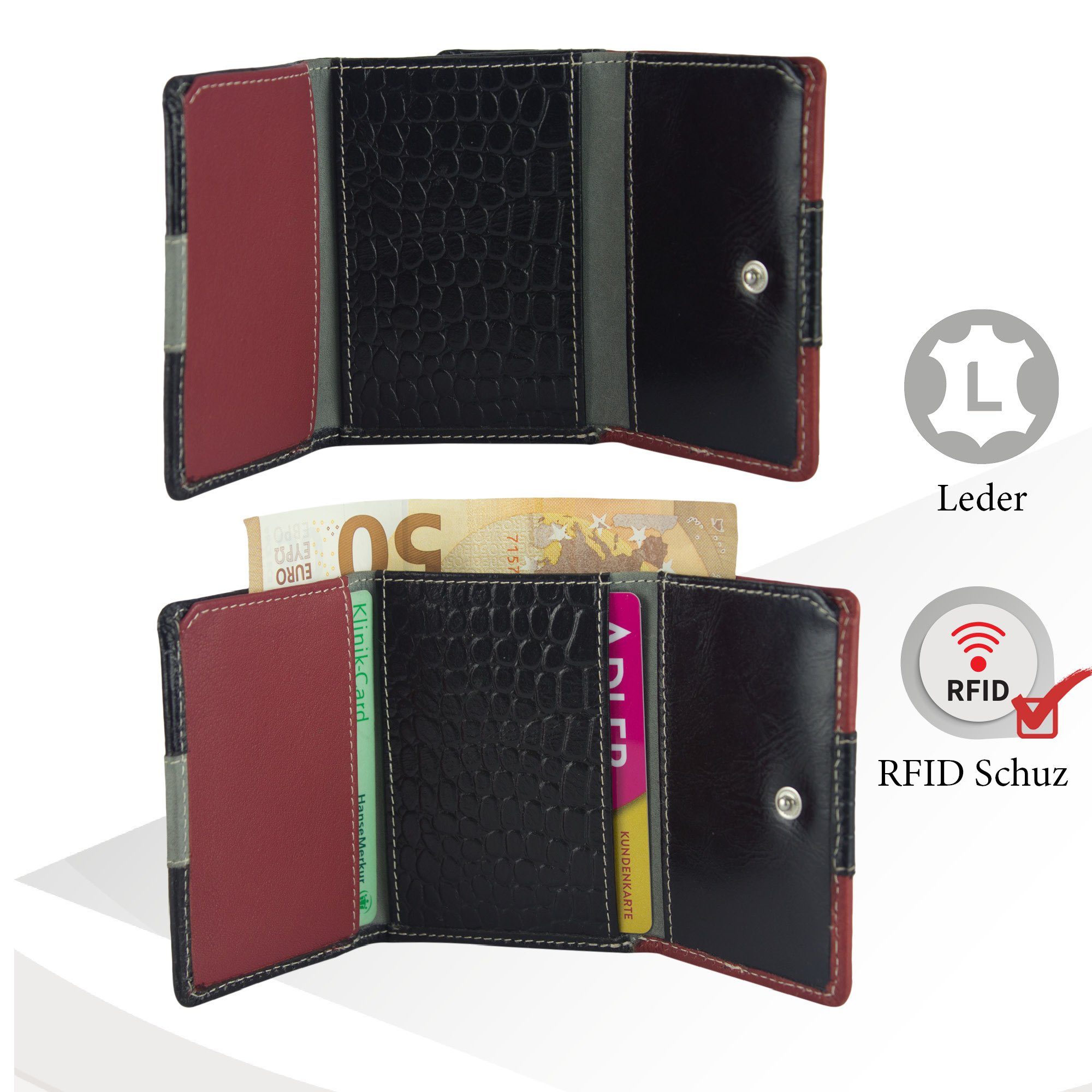 Sunsa Mini Geldbörse echt Leder Damen Portemonnaie rot/schwarz echt Lederresten, Unisex Leder, aus recycelten RFID-Schutz, Geldbeutel Brieftasche, mit Geldbörse kleine