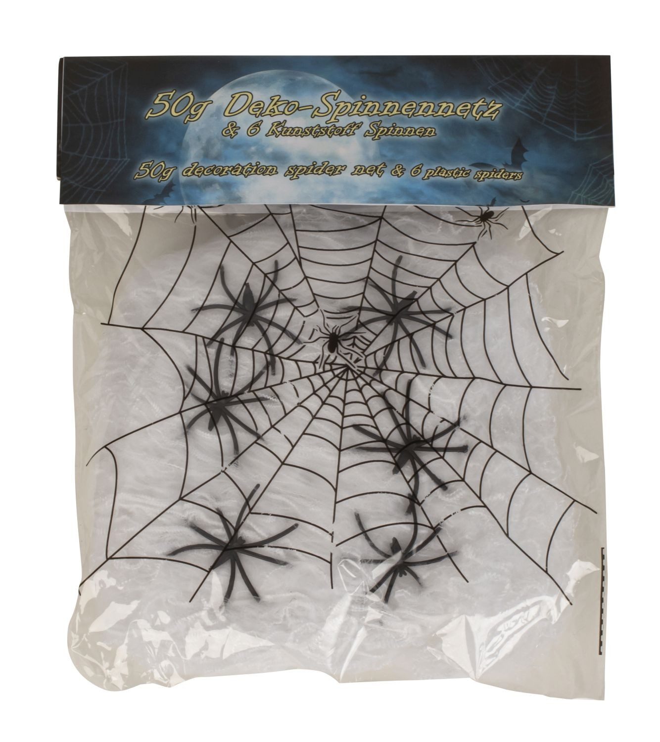 XiRRiX Hängedekoration Deko Spinnennetz mit 6 Kunststoff Spinnen (Fensterdeko, Tischdeko), Gruselige Halloween Horror Dekoration