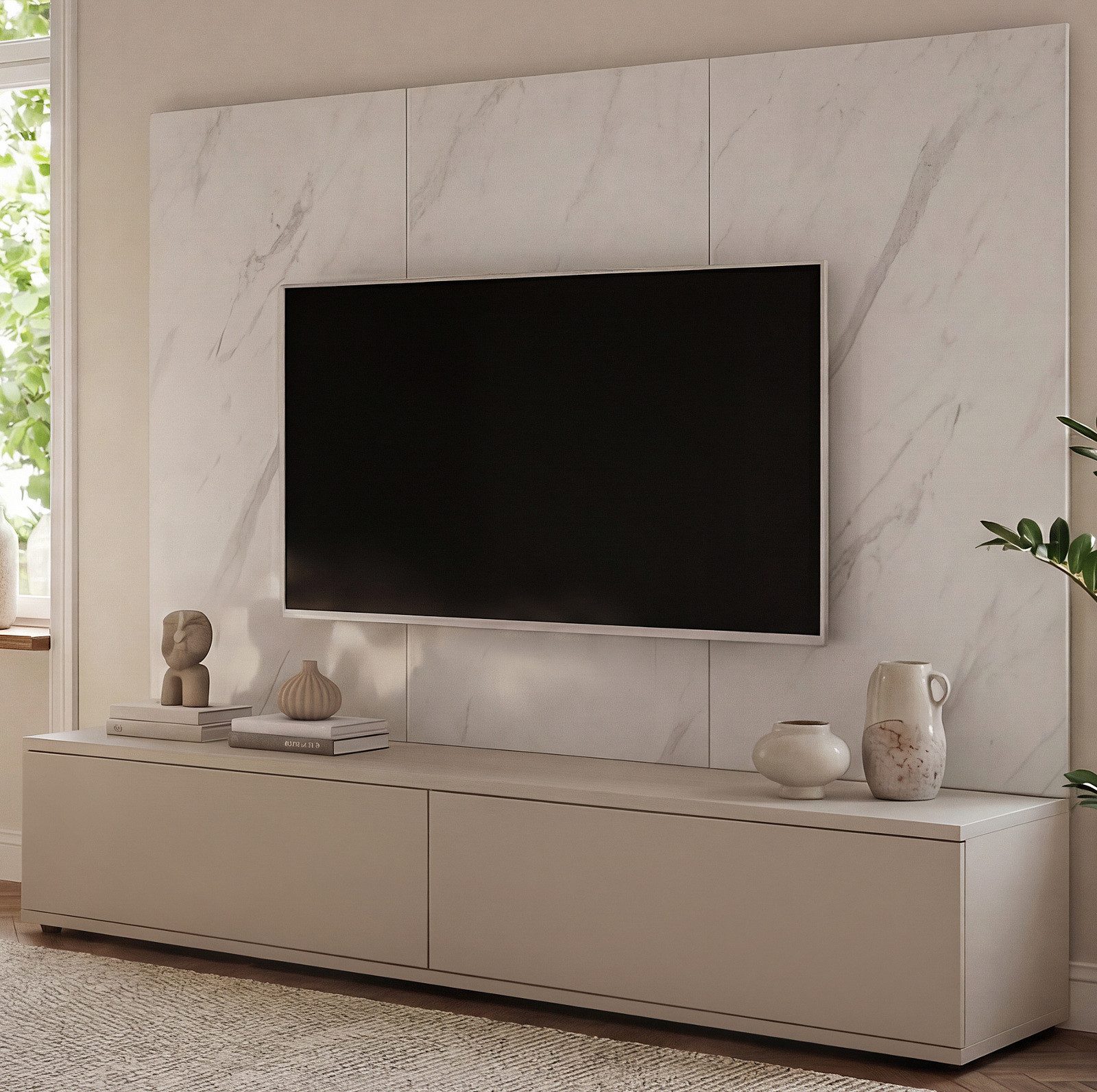 Inn.Furn Lowboard Charm (Set mit Wandpaneel in Kaschmir und Marmor Weiß, 2 St., Breite 180 cm), Push-To-Open und Soft-Close-Funktion